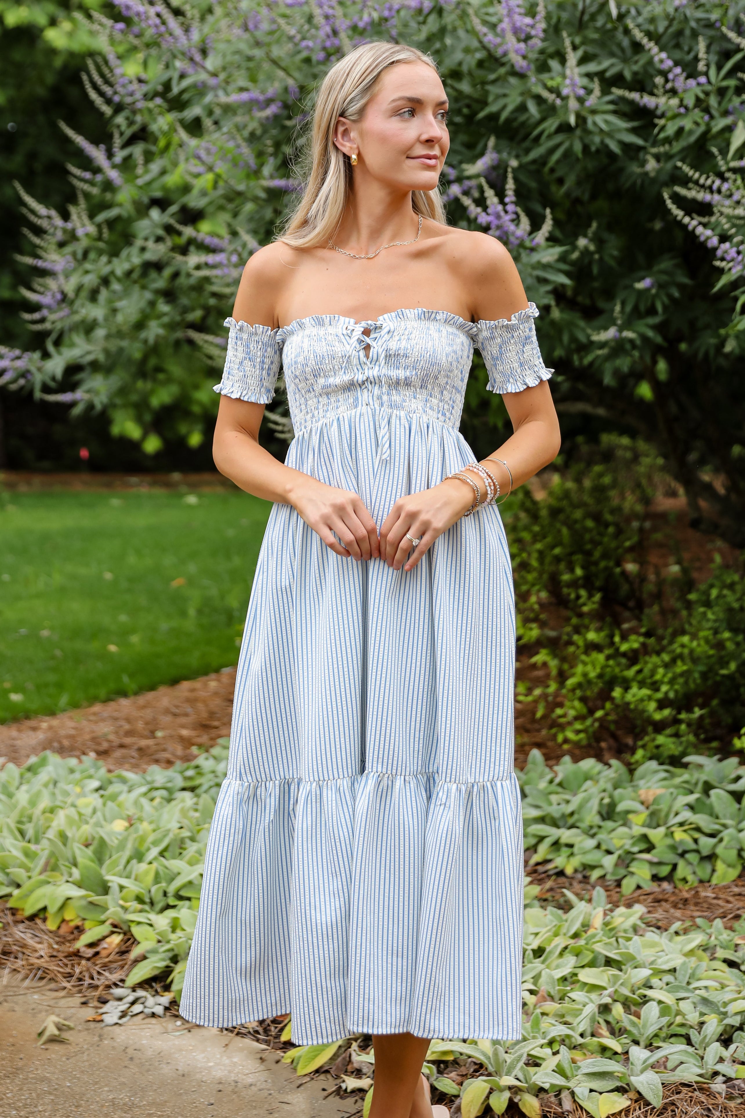 Say It Proud Blue Striped Smocked Midi Dress