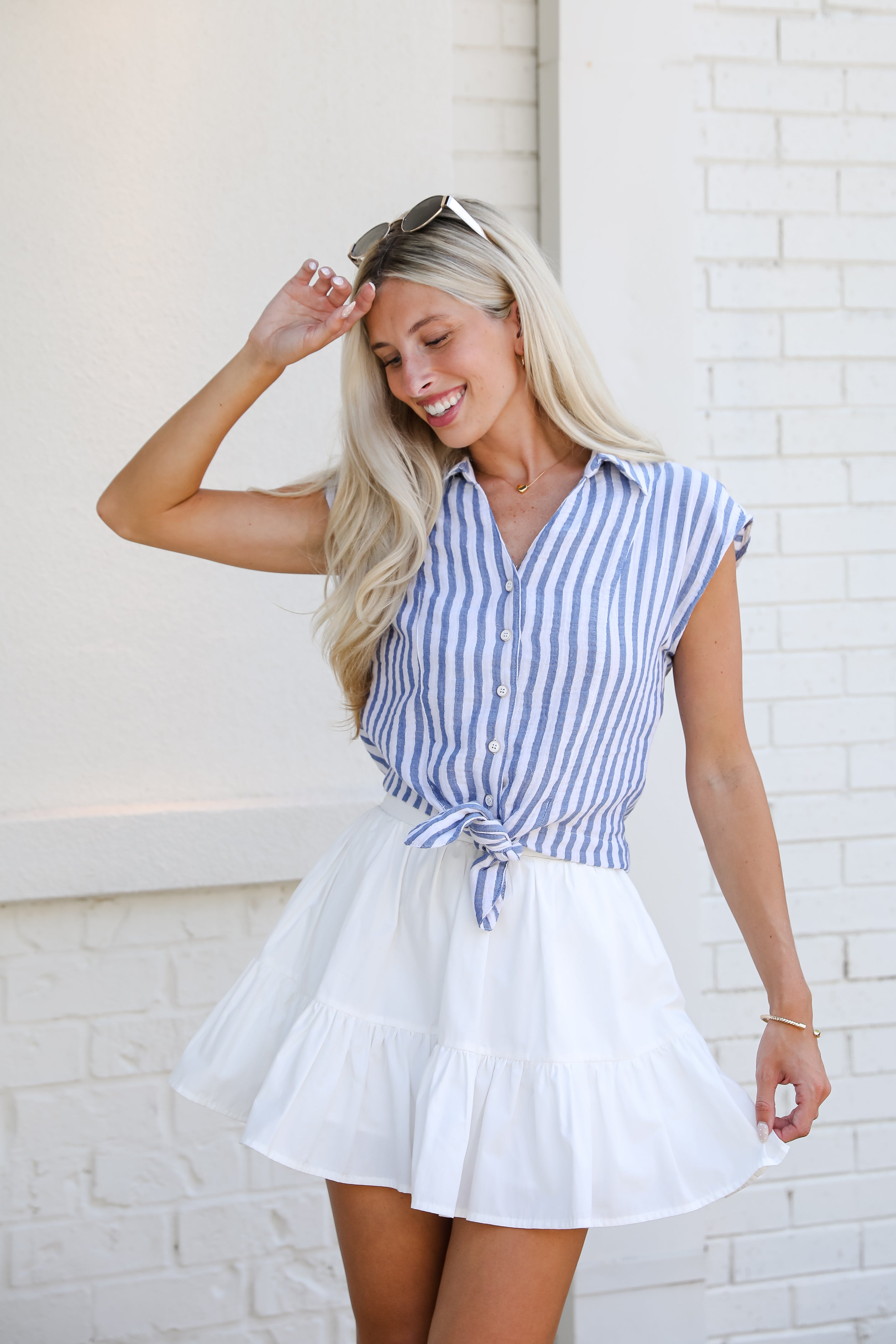 Take A Stroll Denim Striped Tie-Front Blouse
