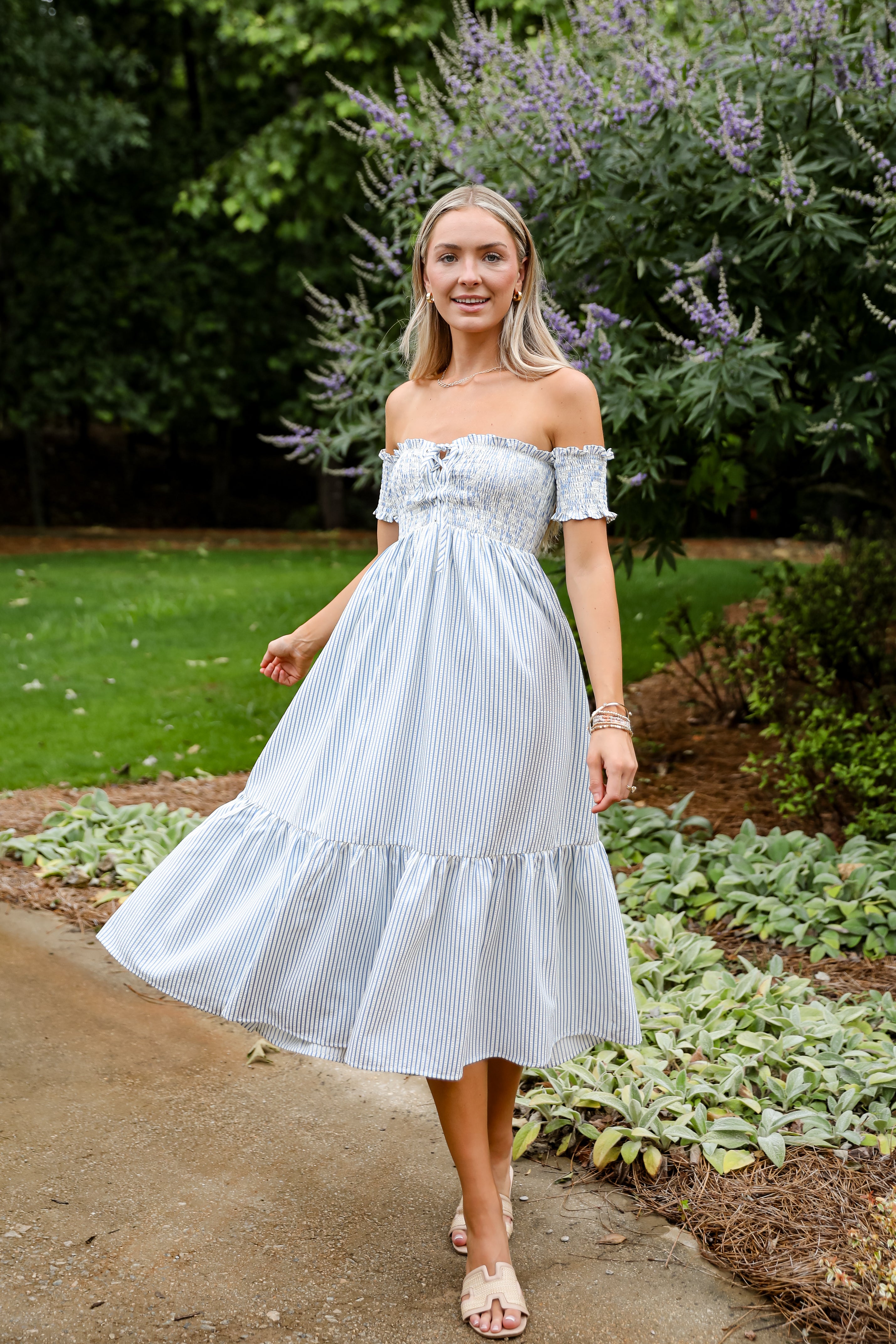Say It Proud Blue Striped Smocked Midi Dress