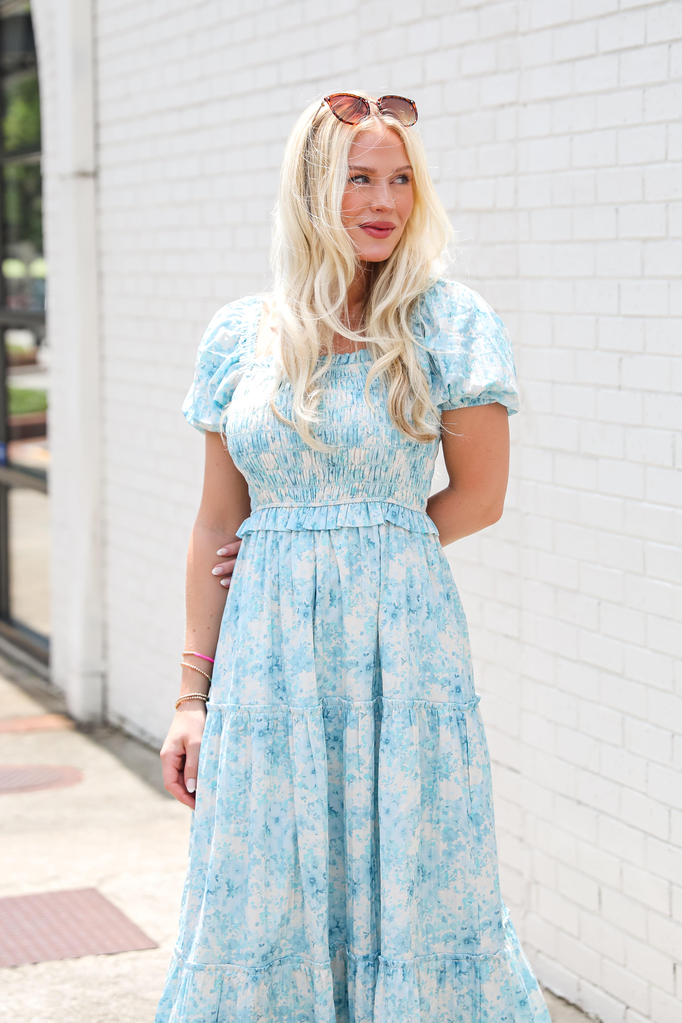 Willing To Help Blue Floral Smocked Maxi Dress