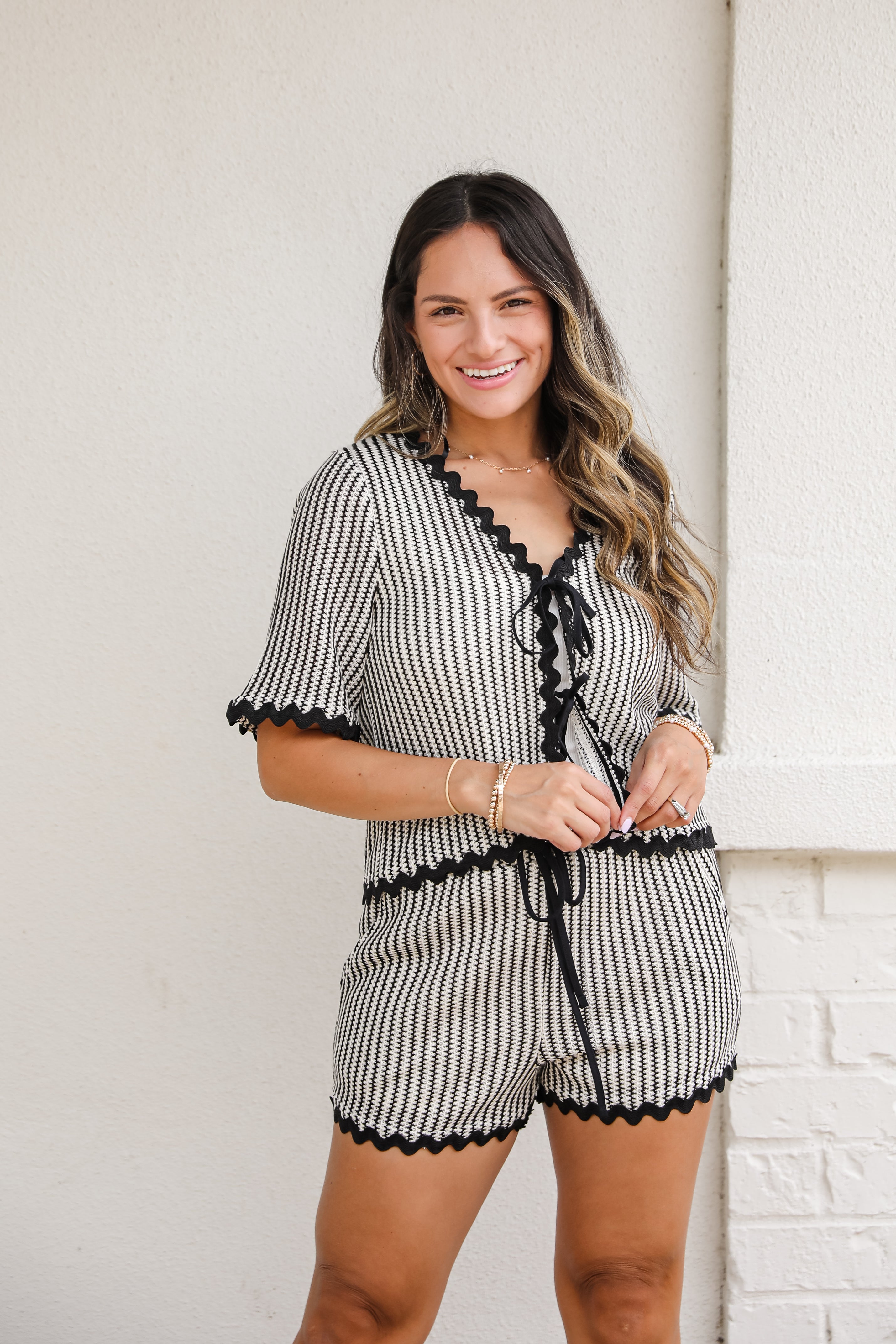Island Groove Black Striped Crochet Tie Top