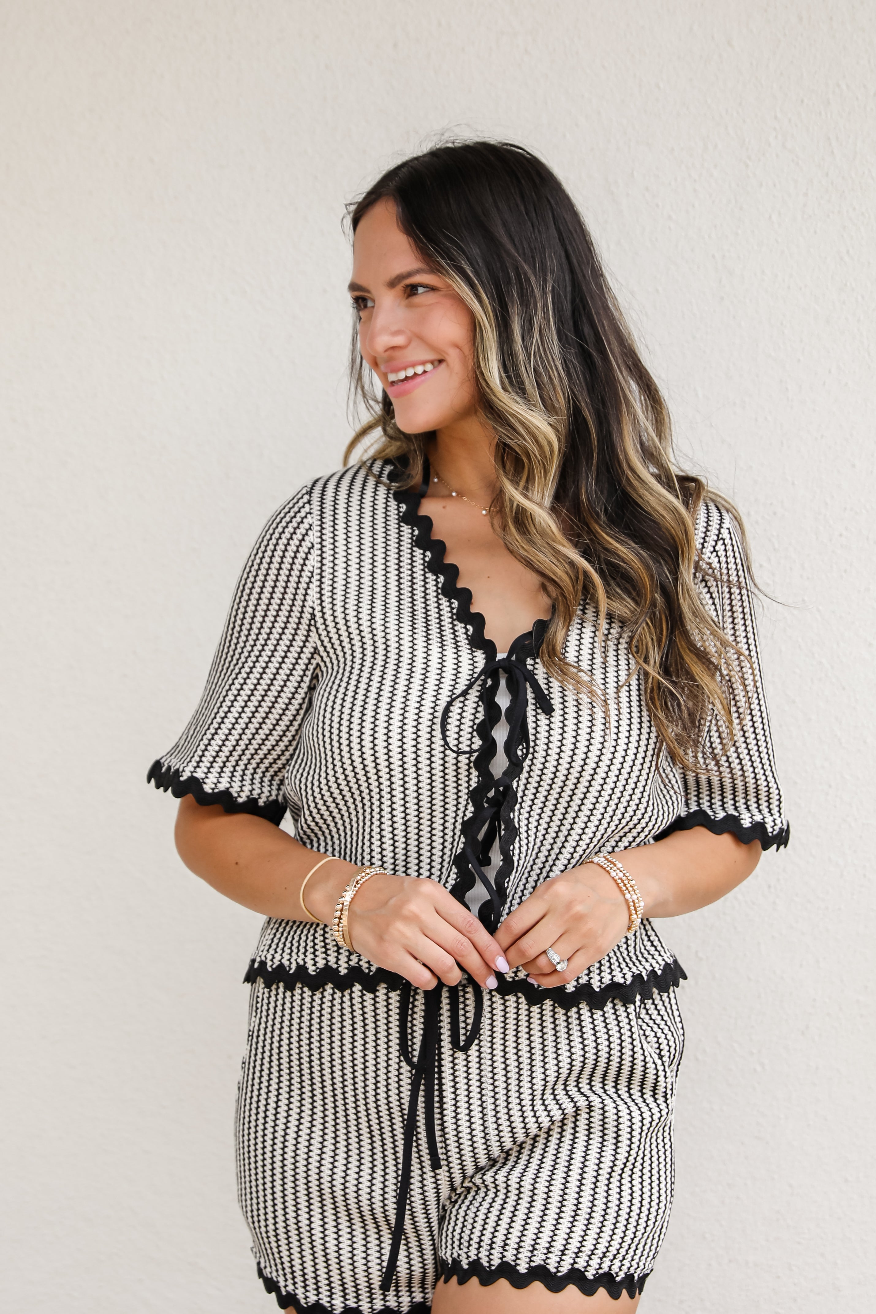 Island Groove Black Striped Crochet Tie Top
