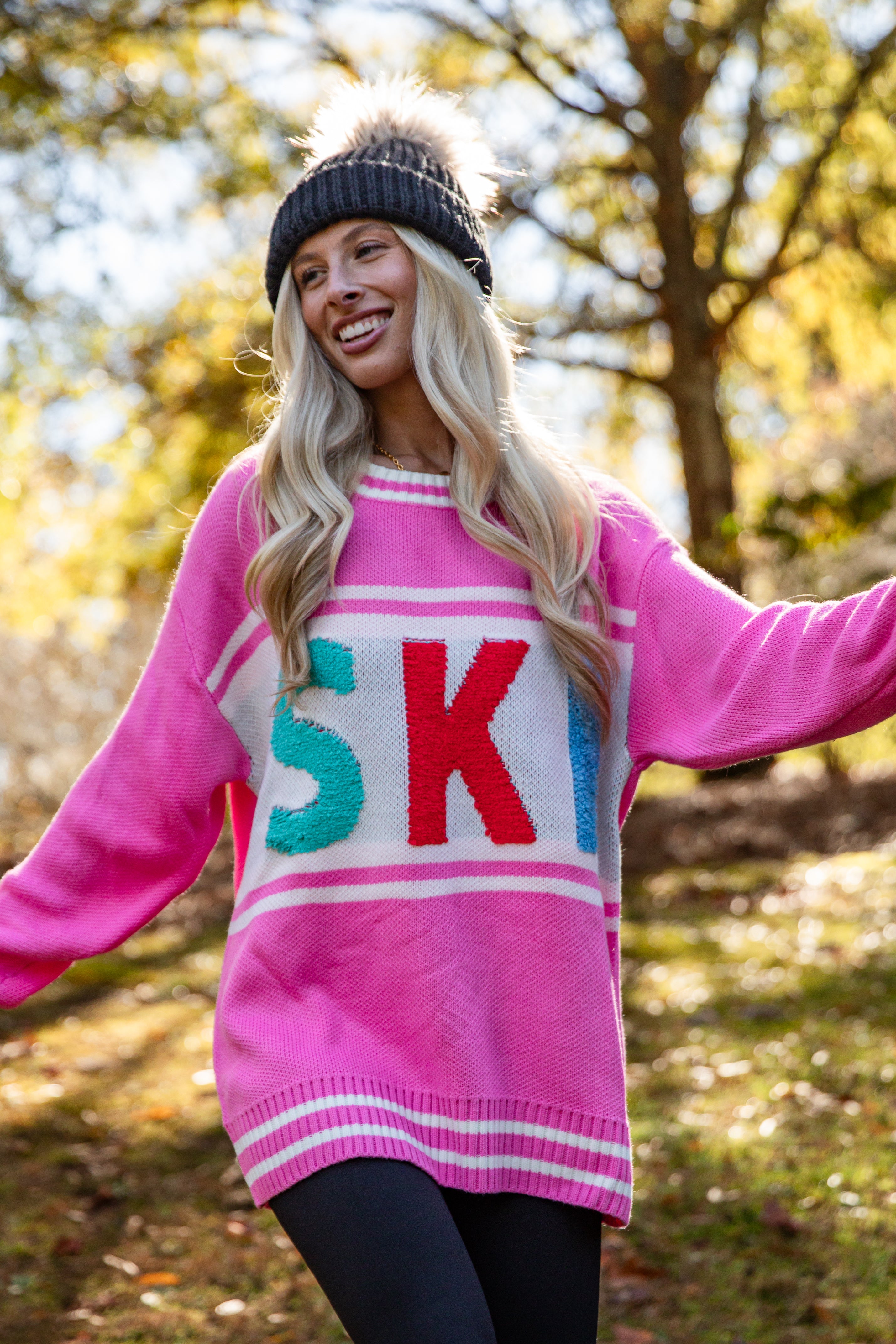 Cute Pink Ski Varsity Sweater | Oversized Sweaters | ShopDressUp