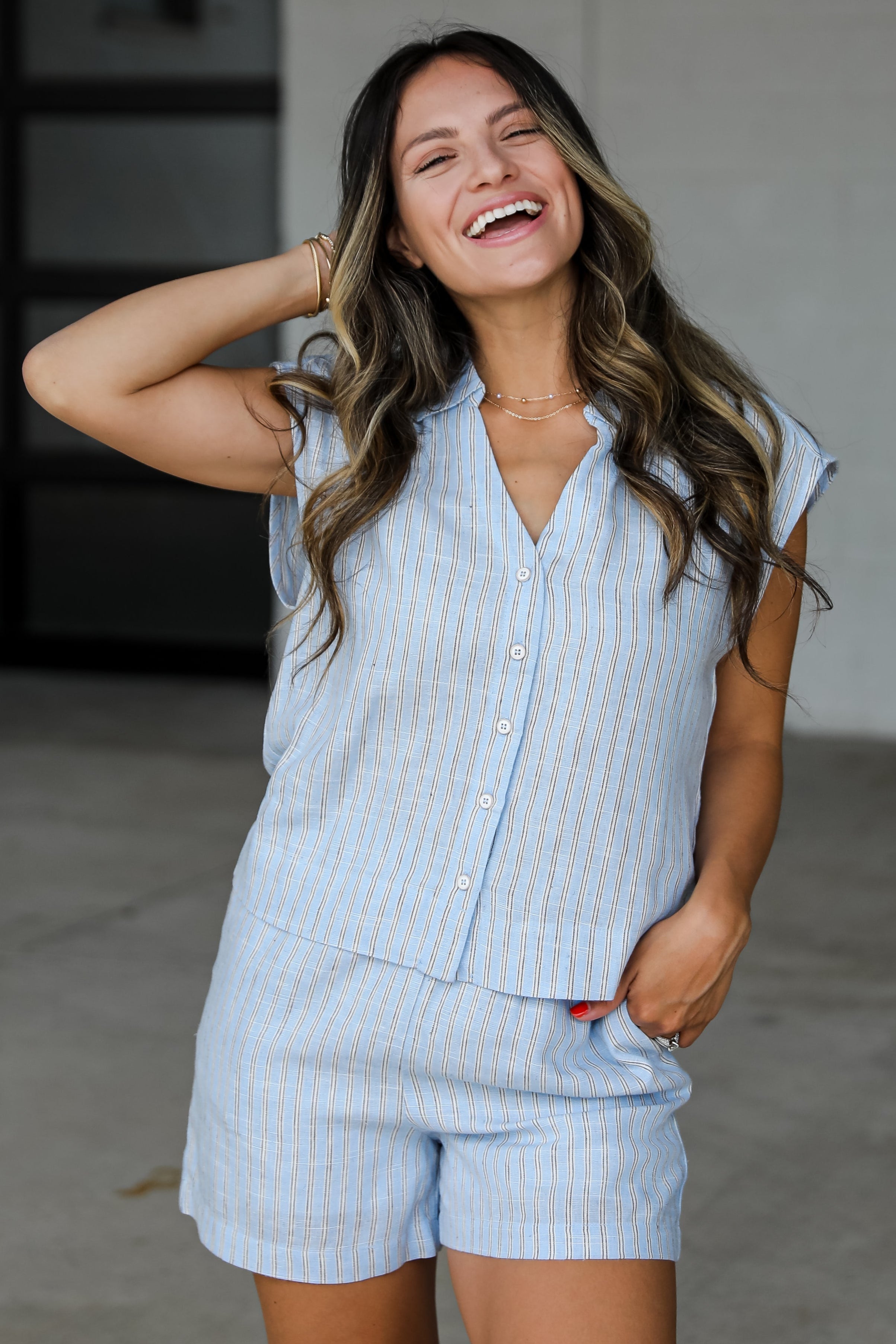 The Way It Is Light Blue Striped Shorts