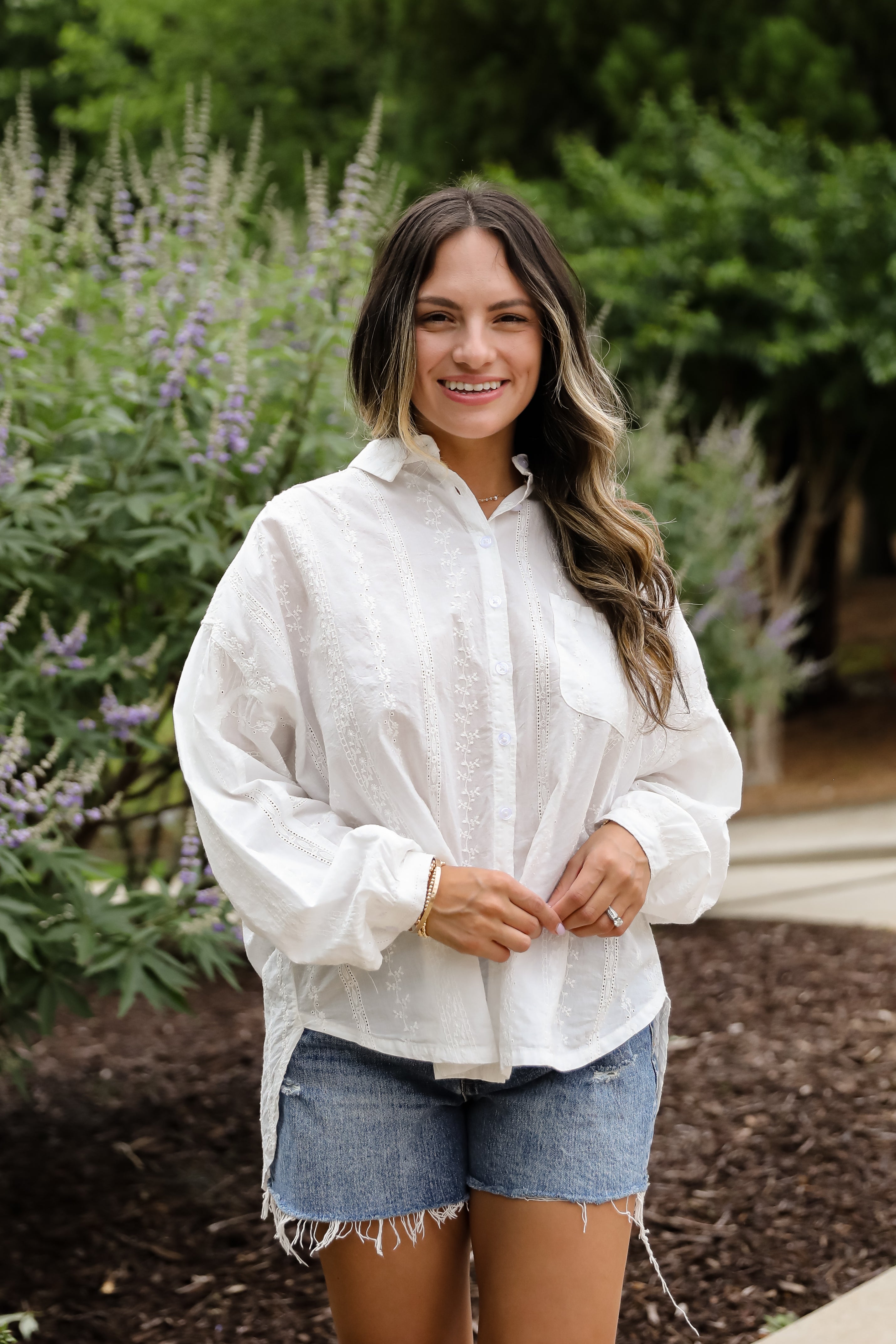 Melodies And Memories White Embroidered Button-Up Blouse