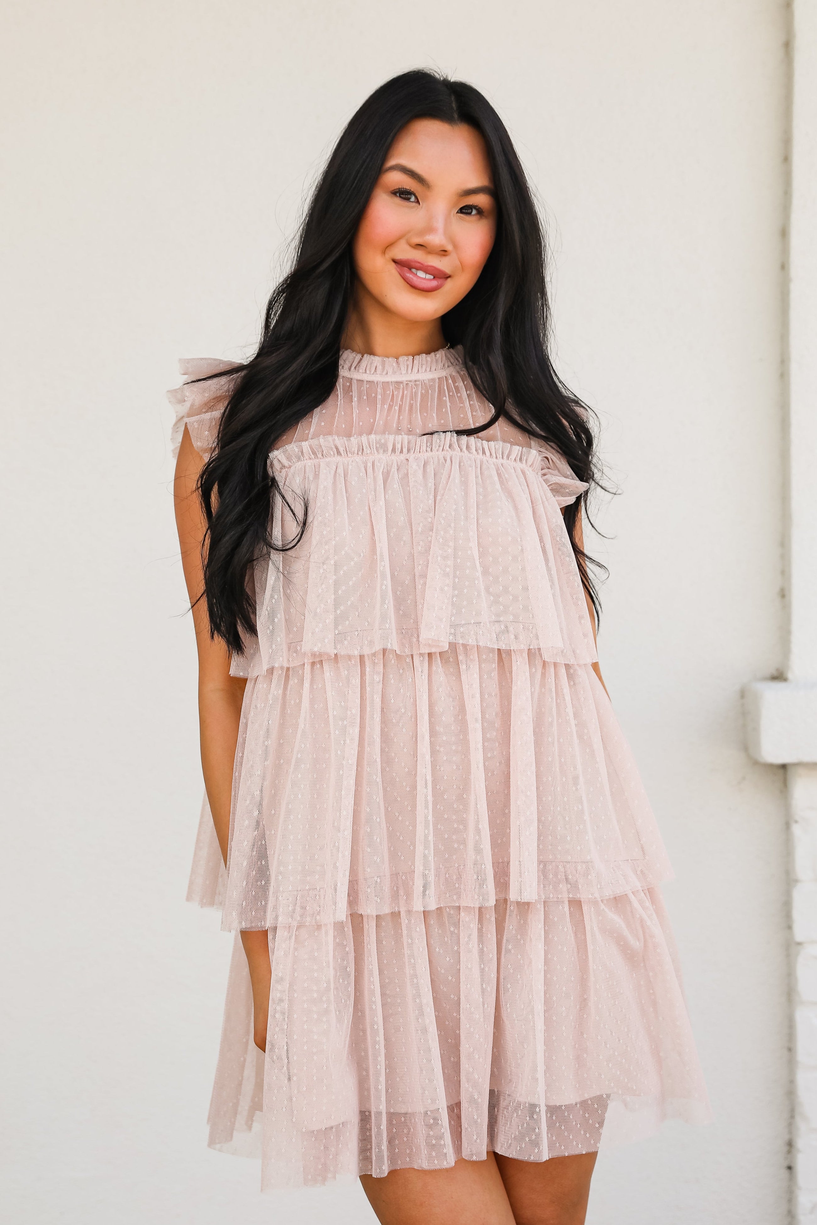 So Dreamy Nude Tulle Tiered Mini Dress