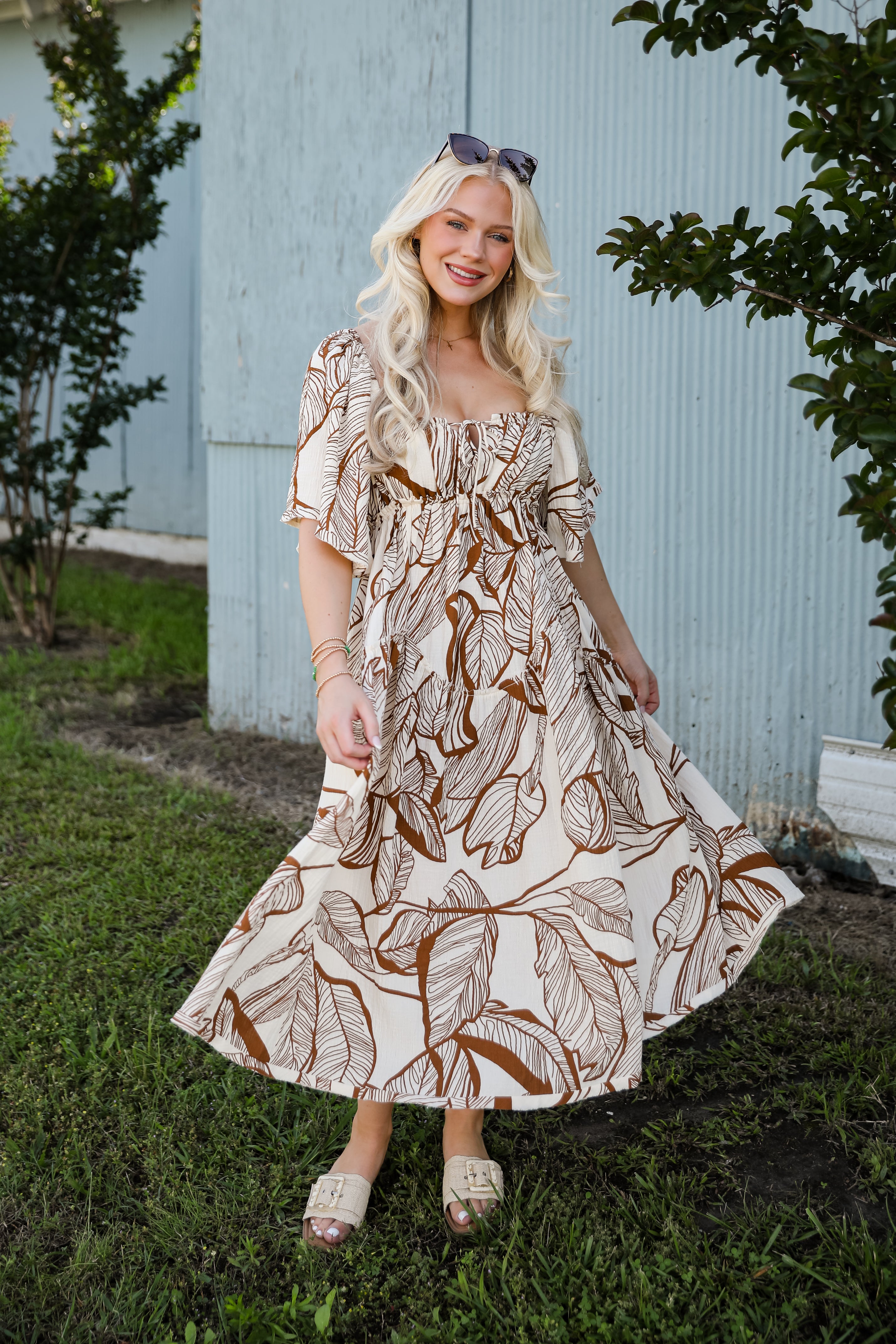 Island Time Cream Linen Leaf Print Midi Dress