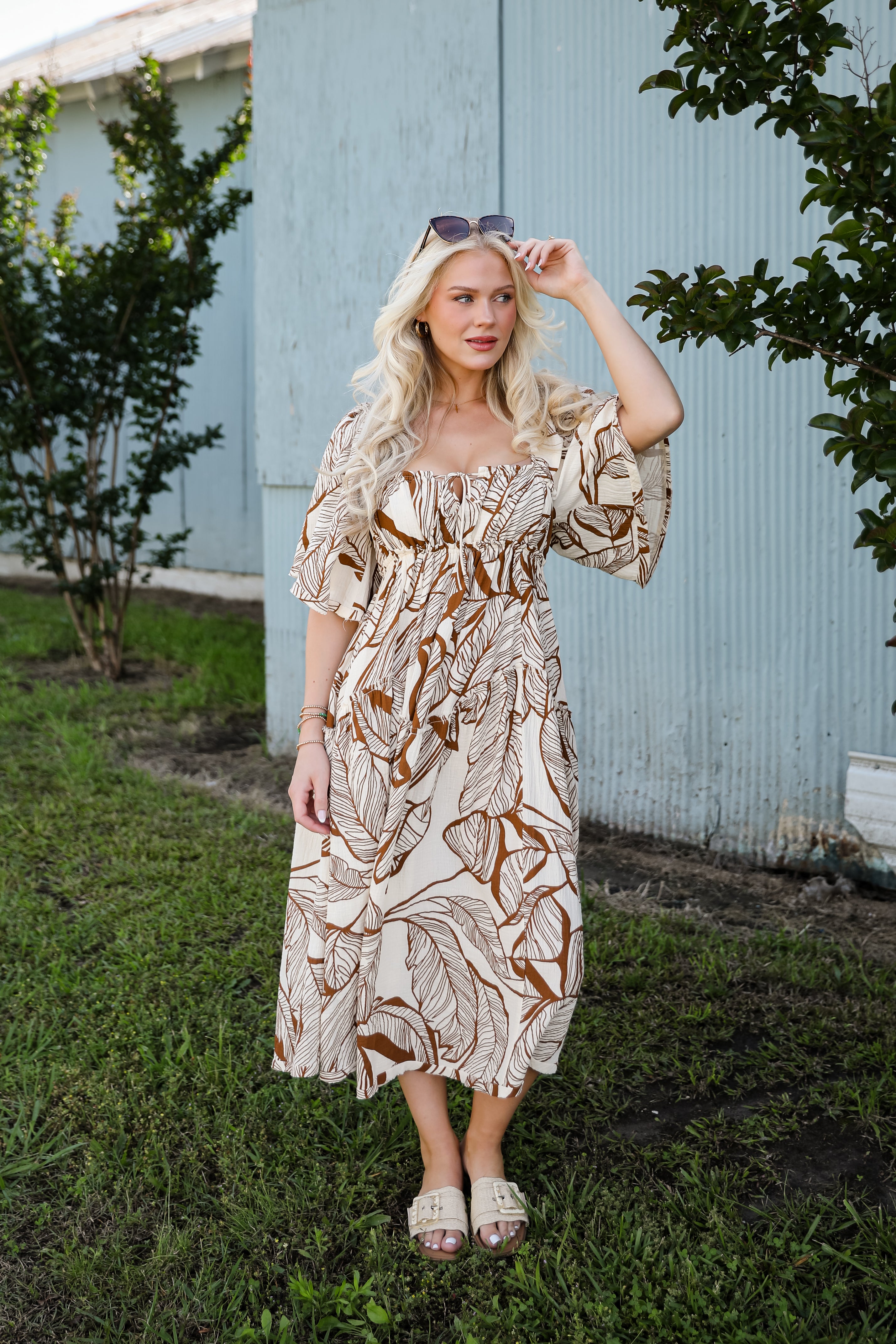 Island Time Cream Linen Leaf Print Midi Dress