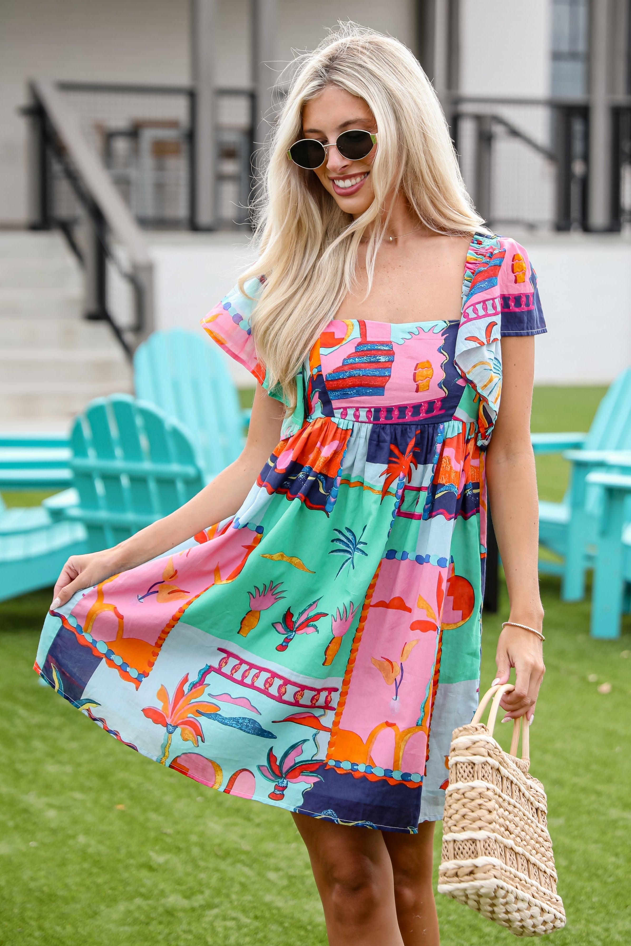 Sunset By The Sea Blue Tropical Babydoll Mini Dress
