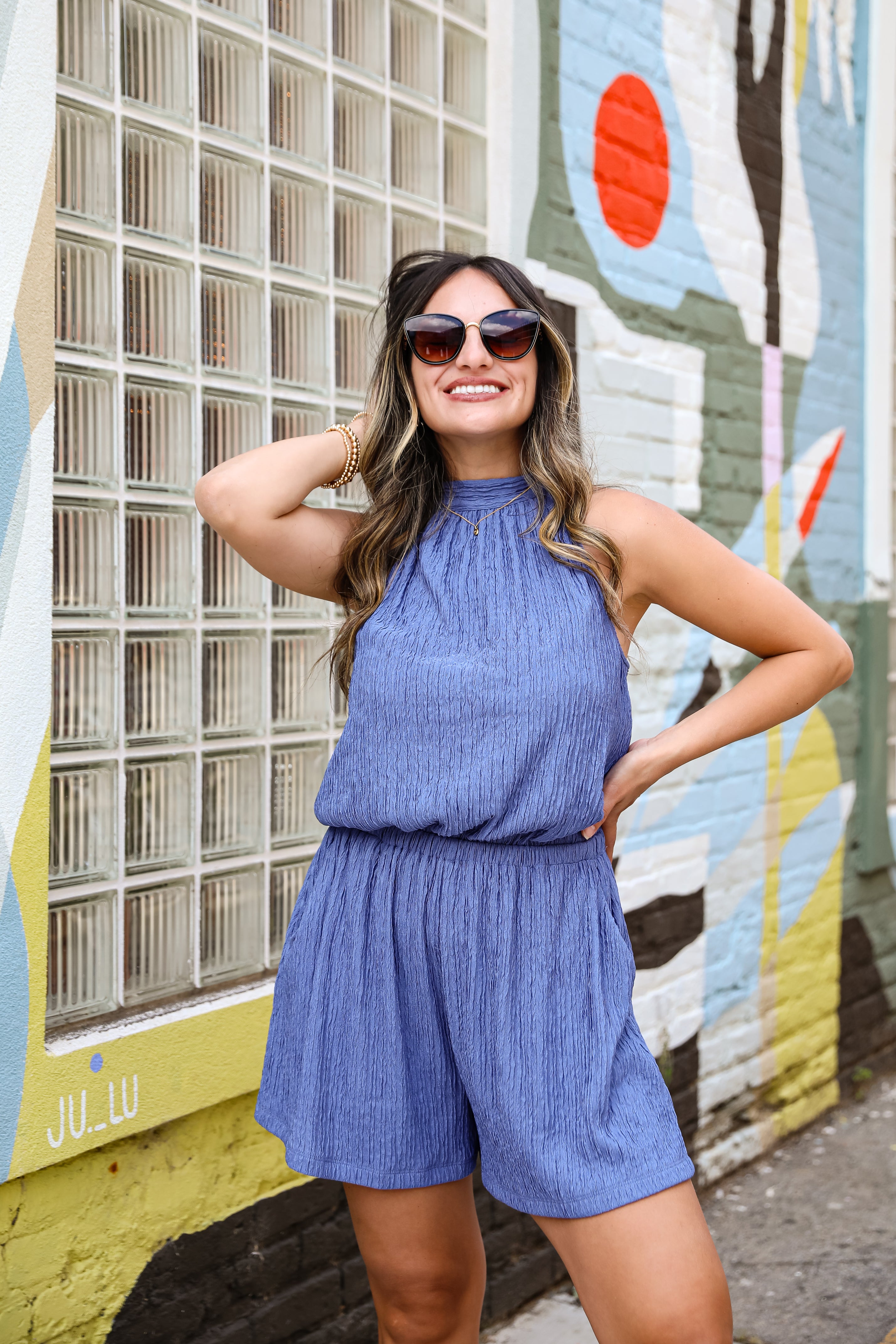 Daydreamer Dark Blue Textured Romper