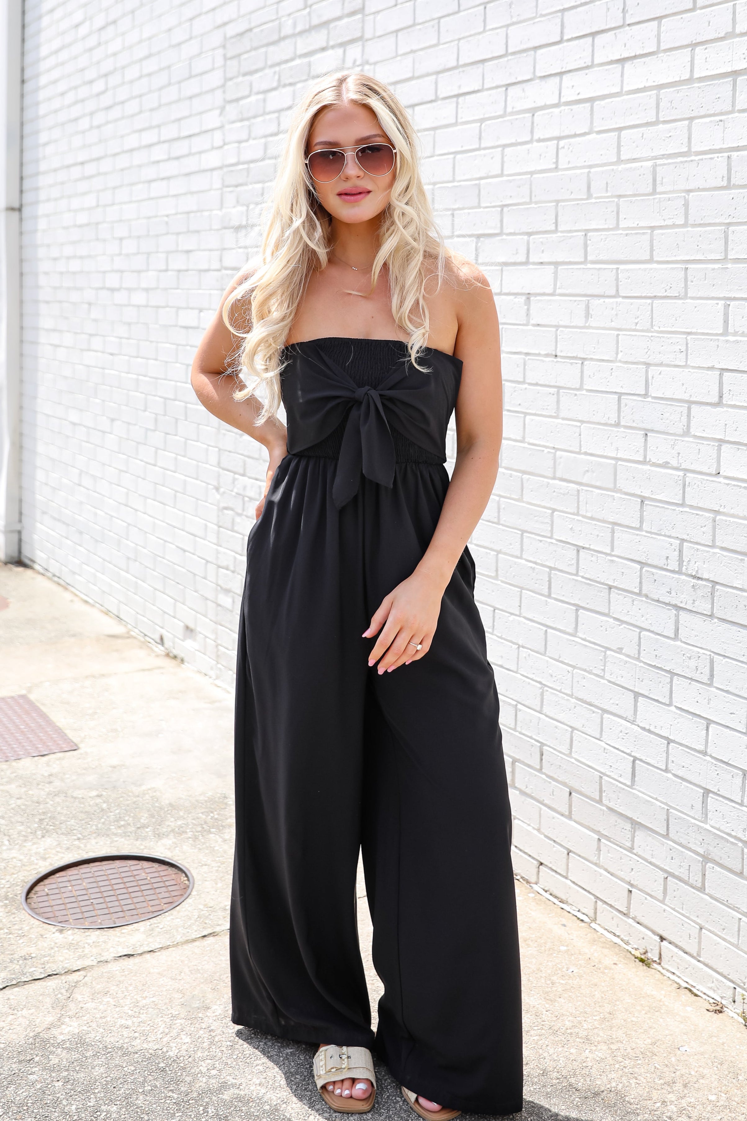 Back In Love Black Strapless Smocked Jumpsuit