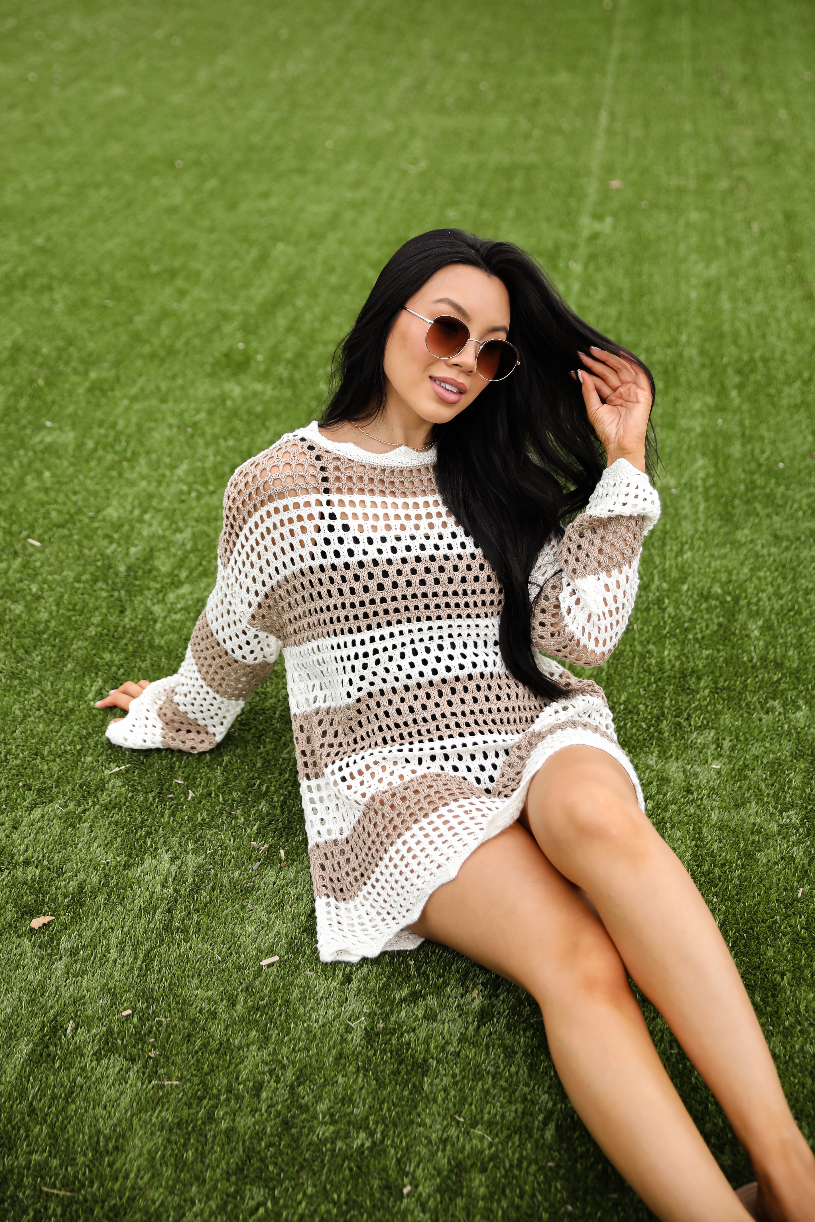 On The Coast Mocha Striped Crochet Tunic