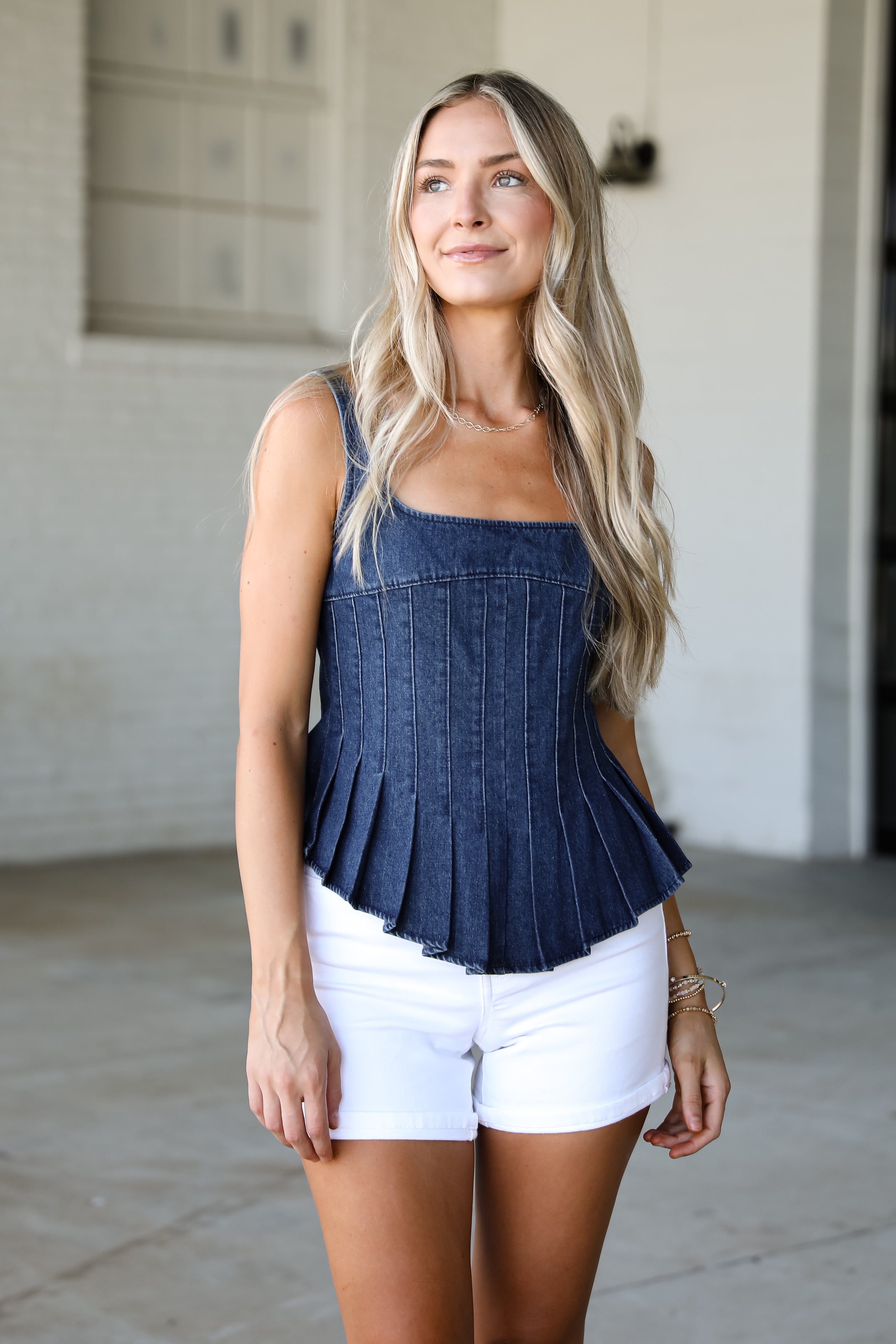 Strike A Cord Denim Pleated Tank