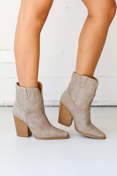 trendy Taupe Western Booties side view on model