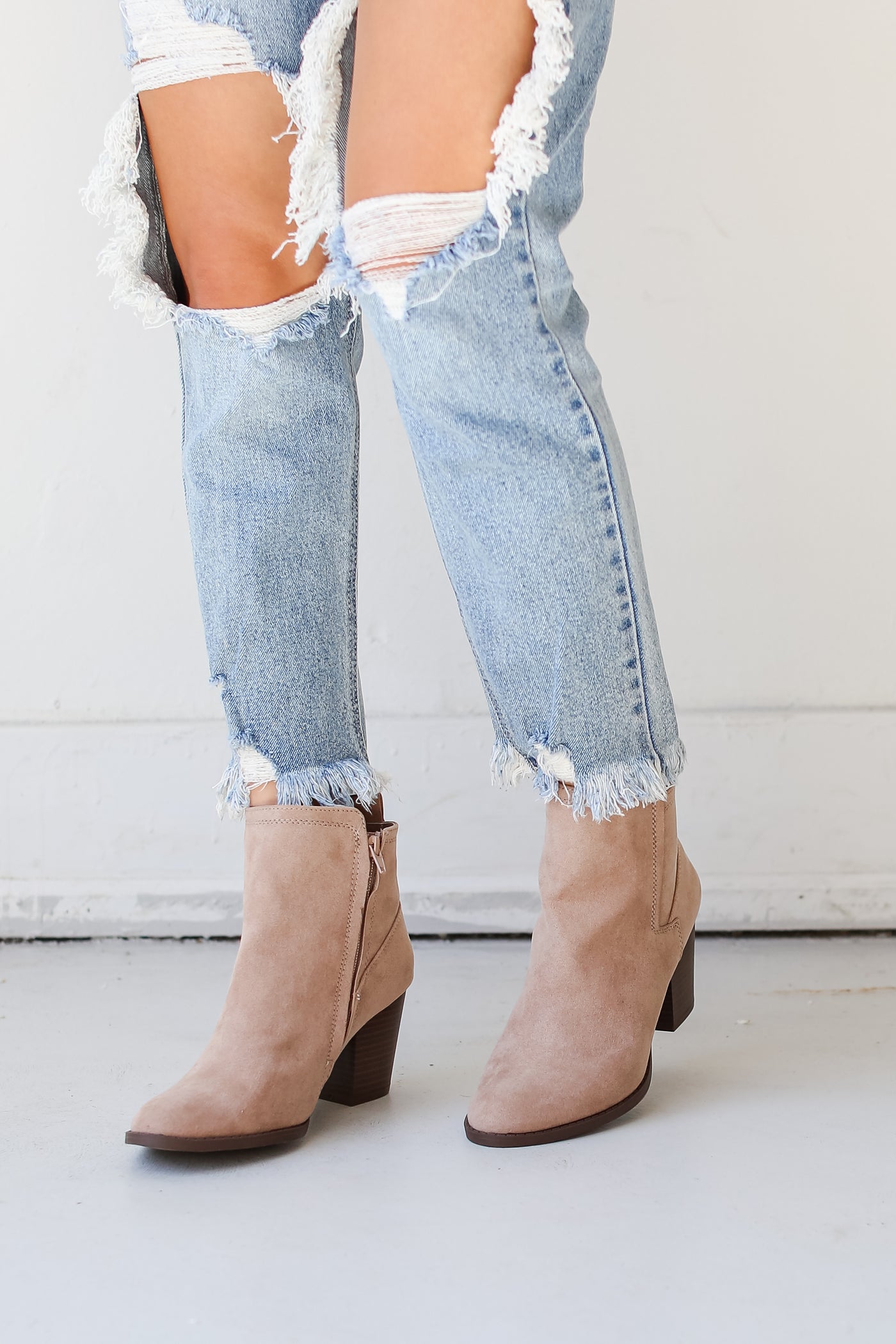 Taupe Booties for fall on dress up model