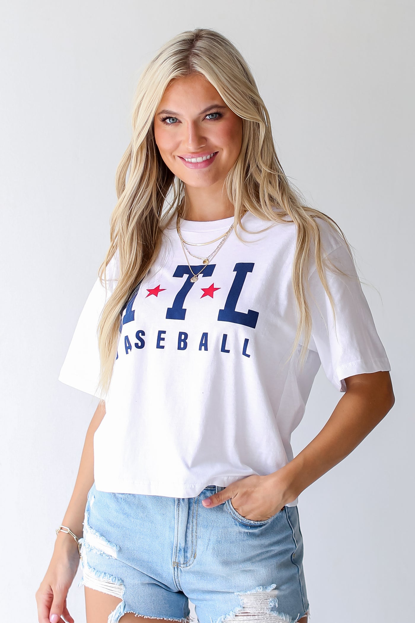 White ATL Star Baseball Cropped Tee front view