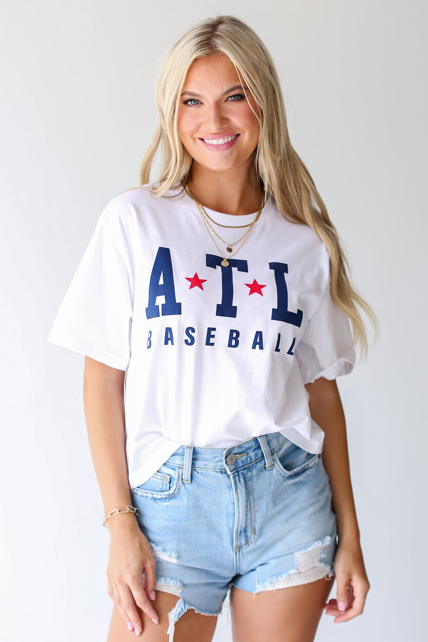 White ATL Star Baseball Cropped Tee on model