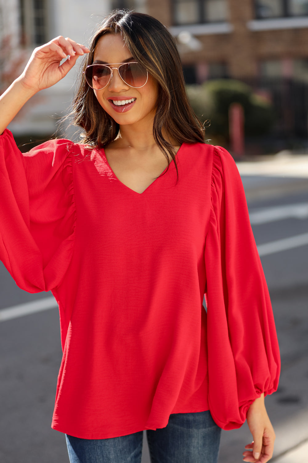 holiday red Balloon Sleeve Blouse