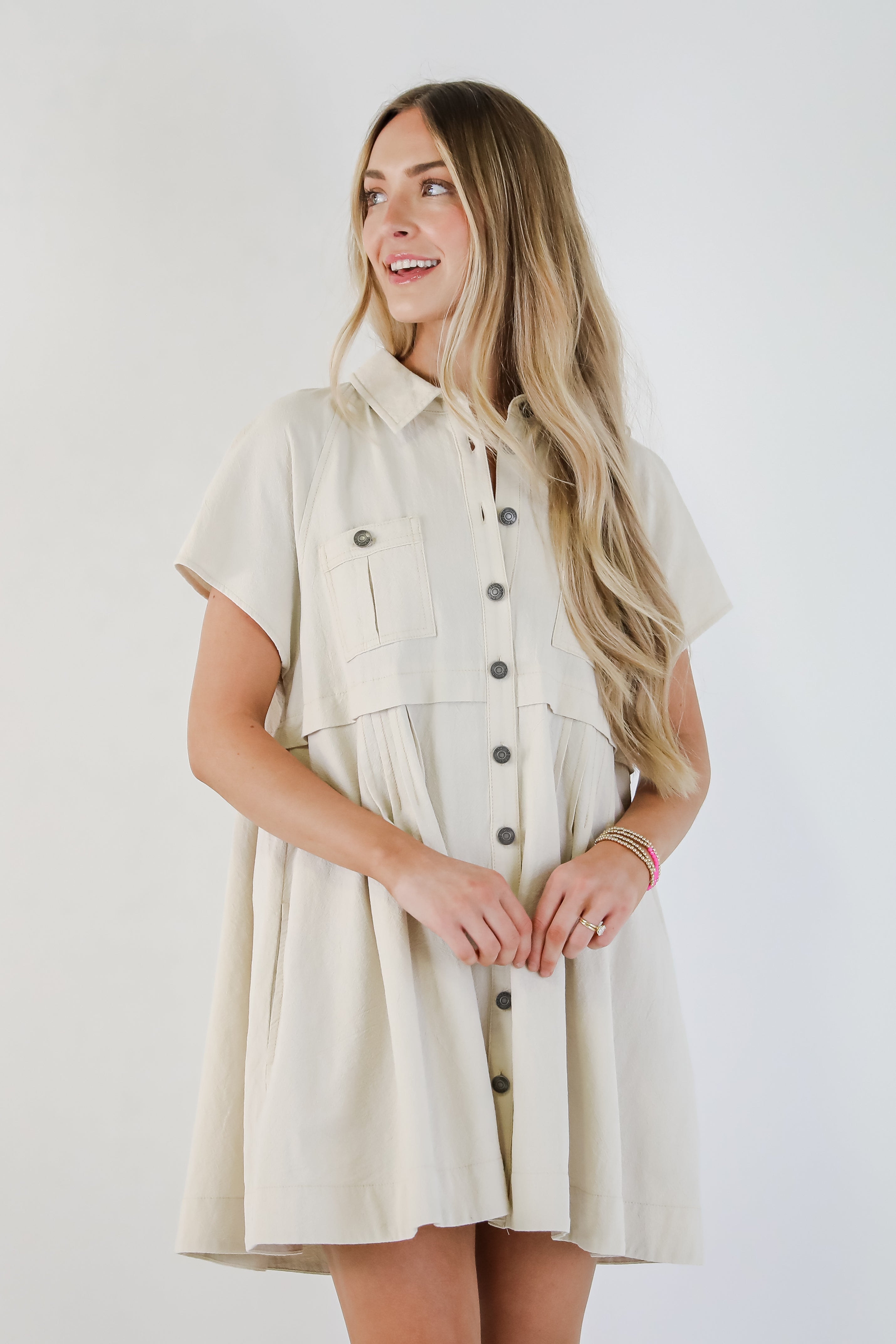 FINAL SALE - Lucky To Be Me Beige Babydoll Mini Dress