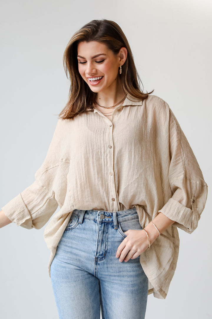 Beige Oversized Button-Up Blouse