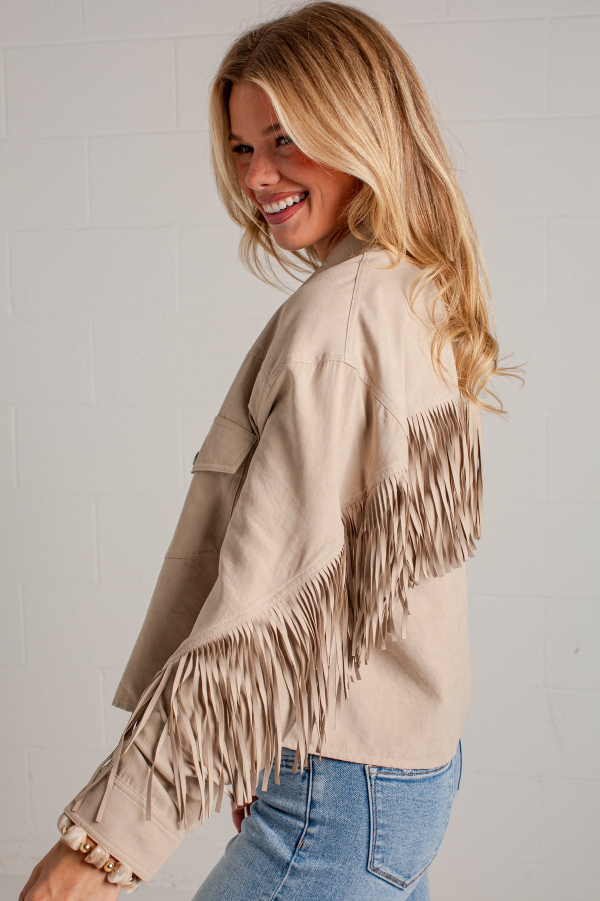Dancing Through Dallas Fringe Beige Jacket