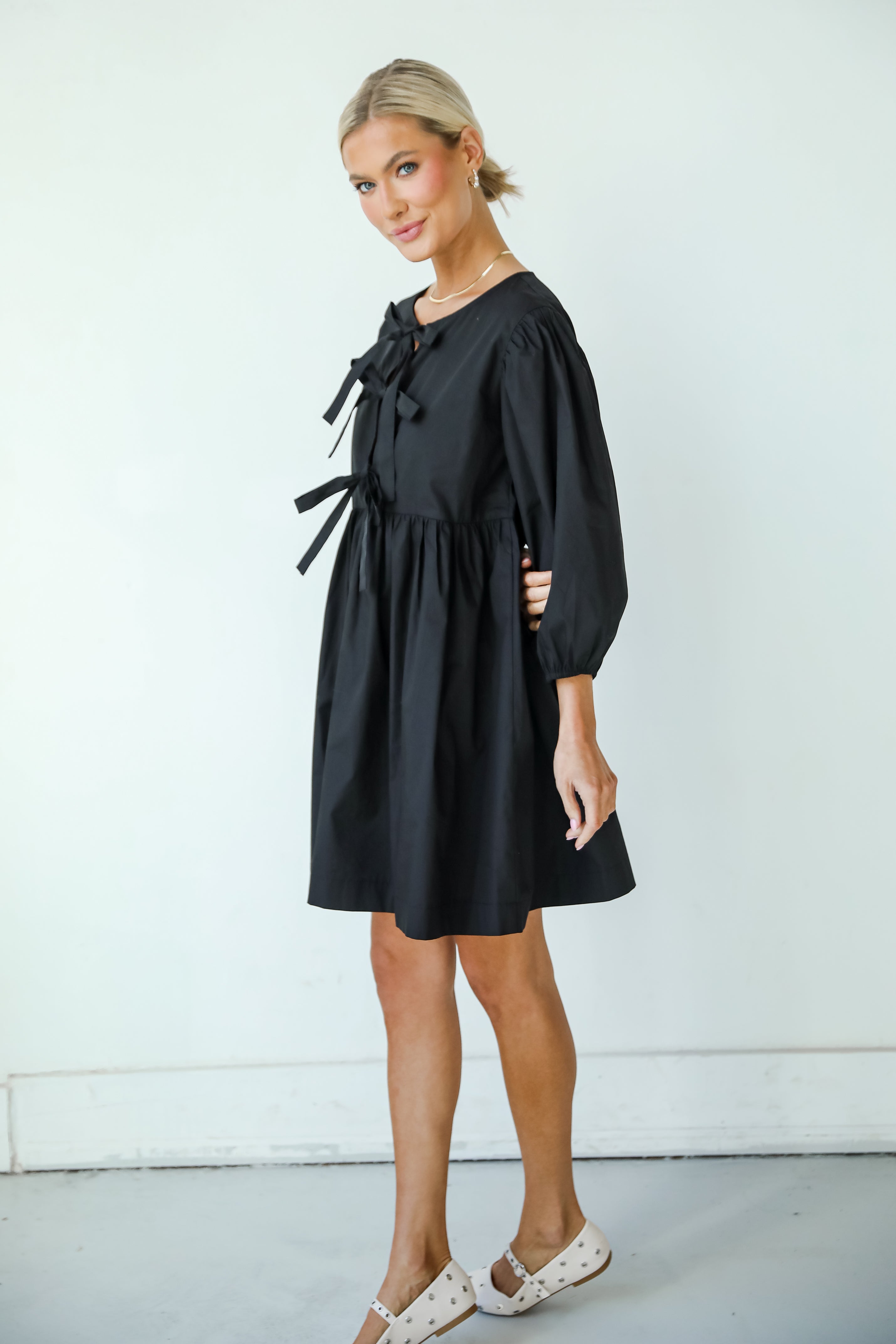 Cute Definition Black Bow Babydoll Mini Dress