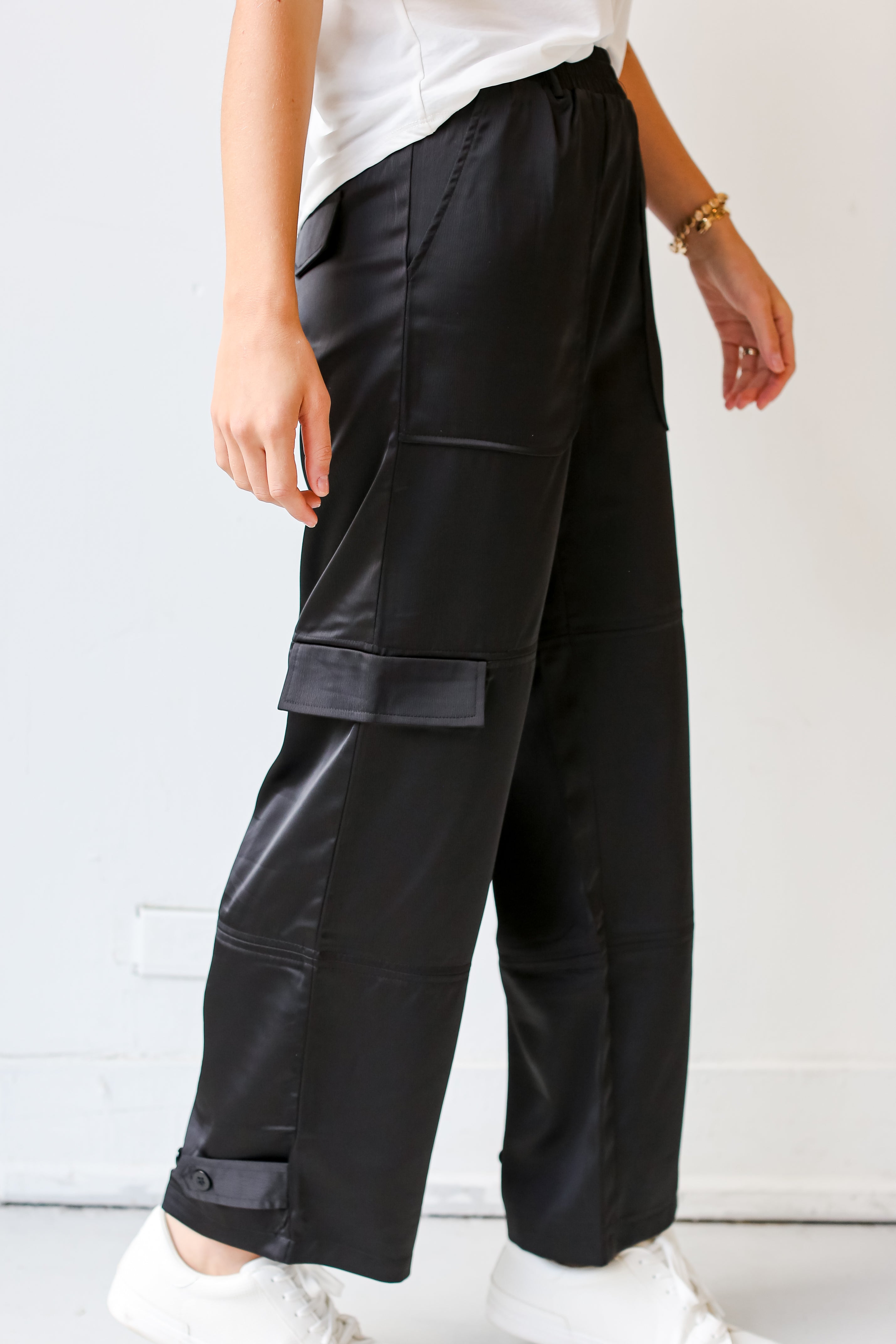 Black Satin Cargo Pants side view