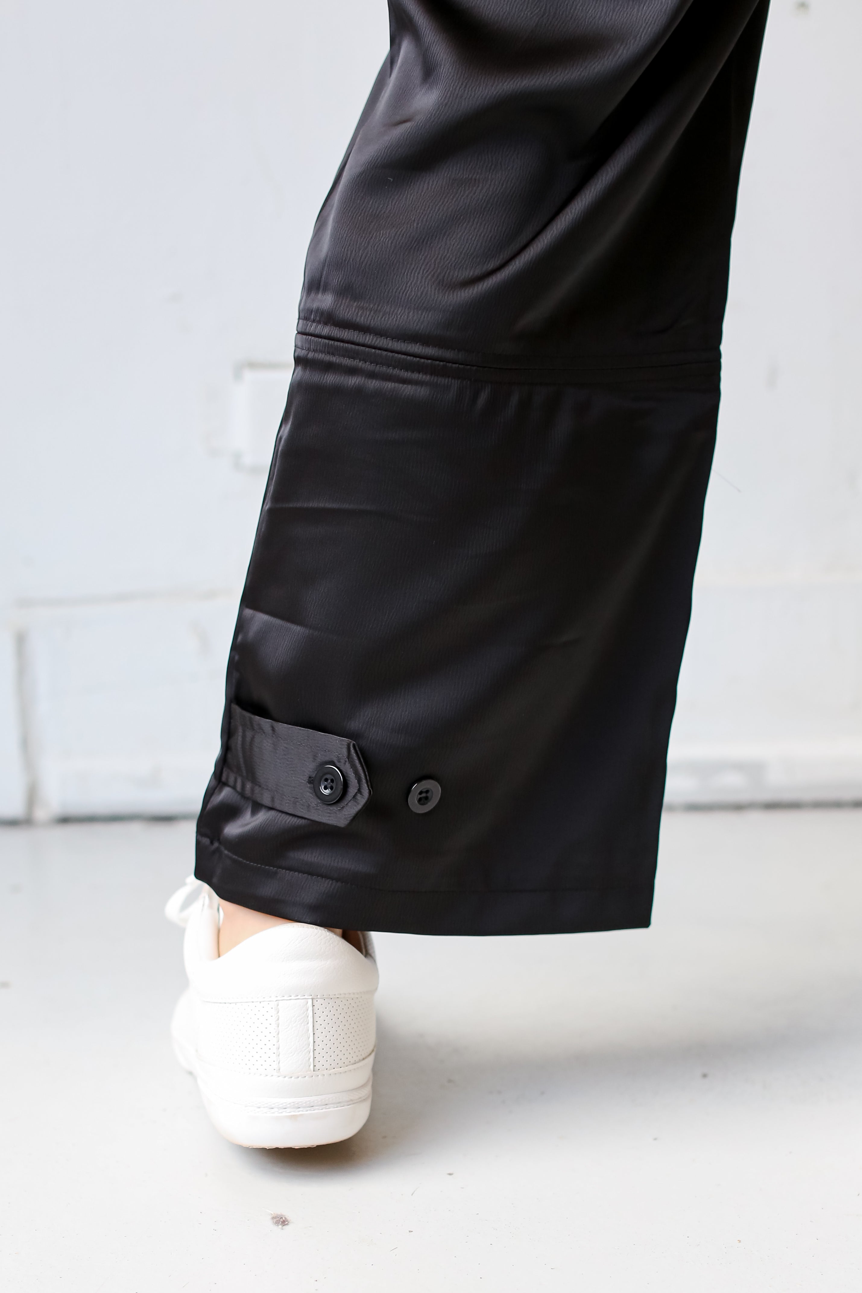 Black Satin Cargo Pants close up