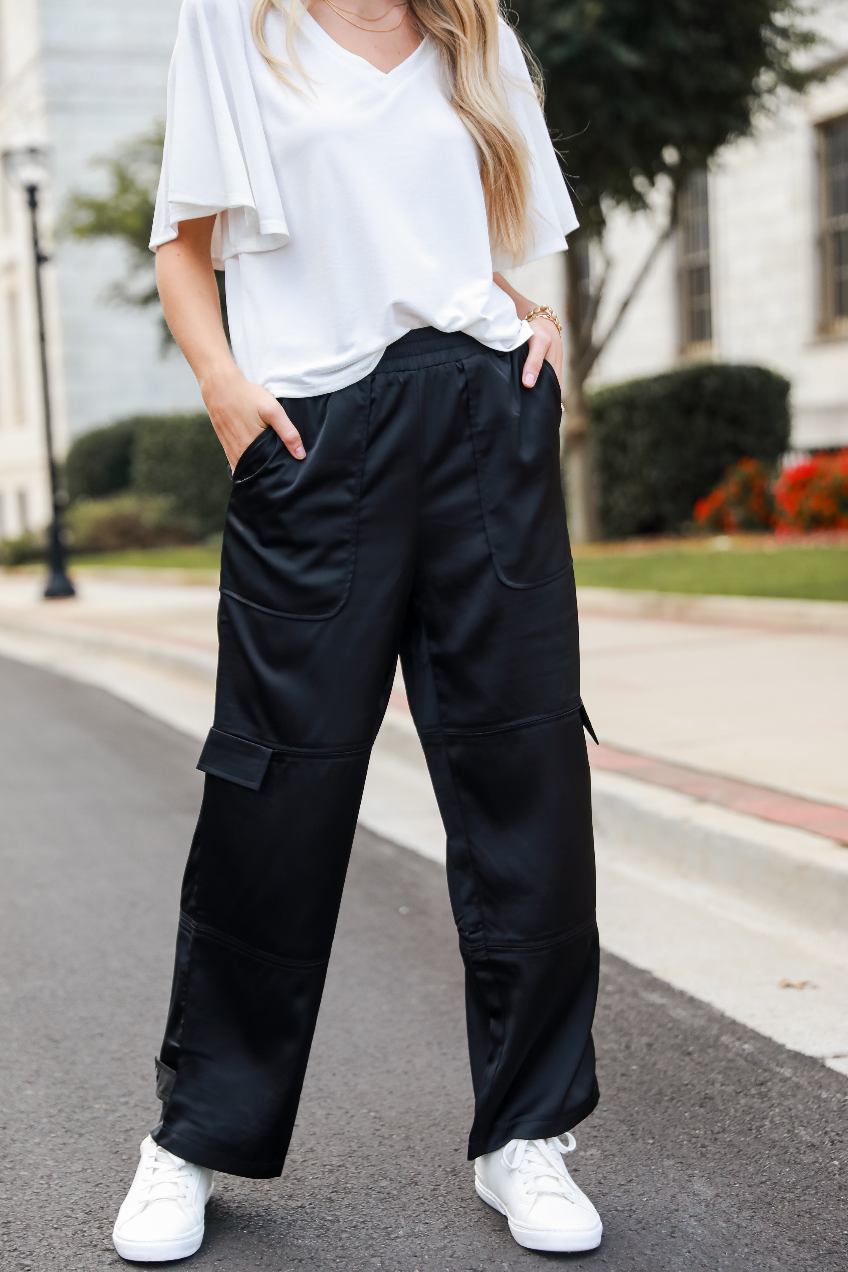 Black Satin Cargo Pants