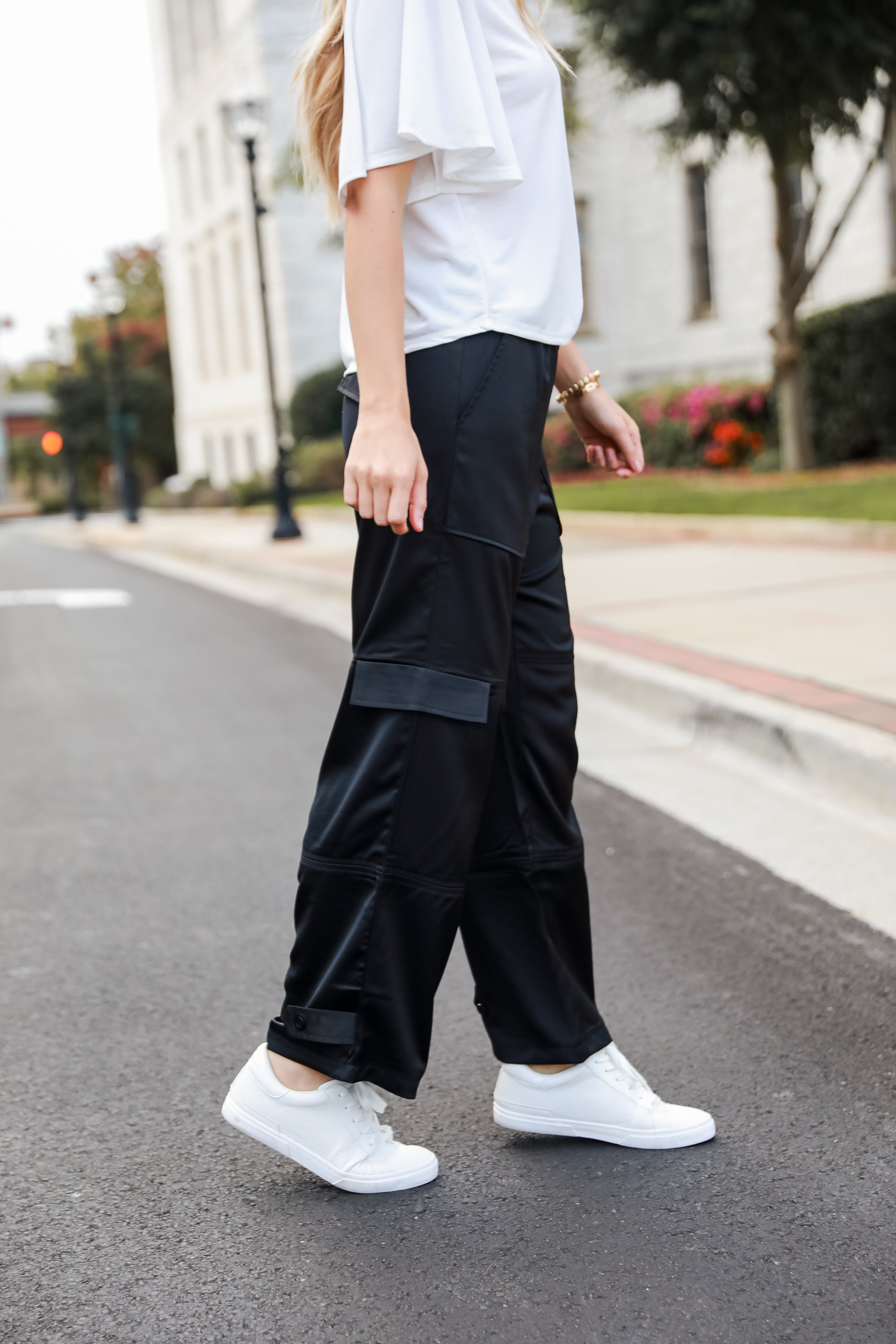 trendy Black Satin Cargo Pants