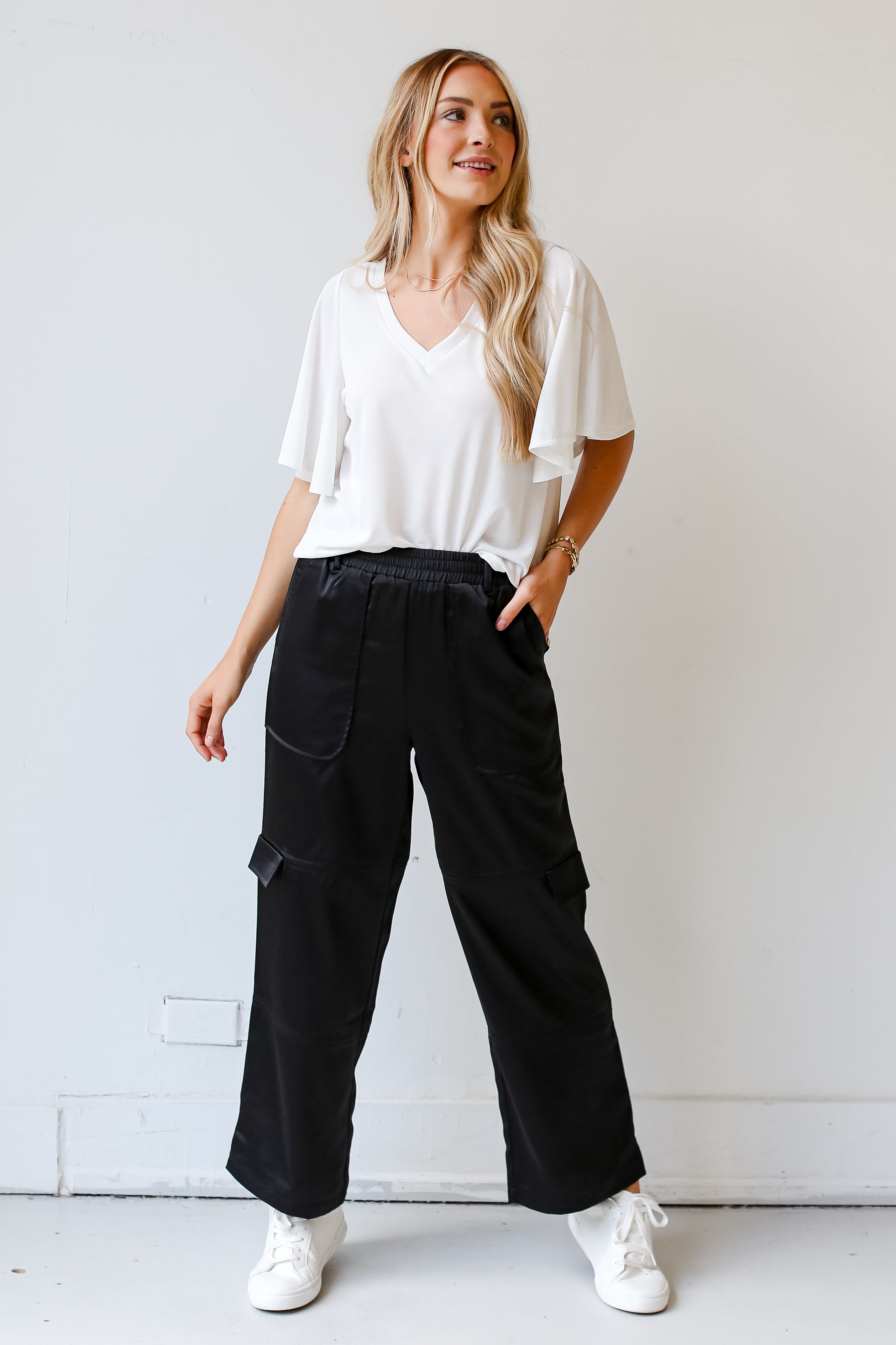 chic Black Satin Cargo Pants