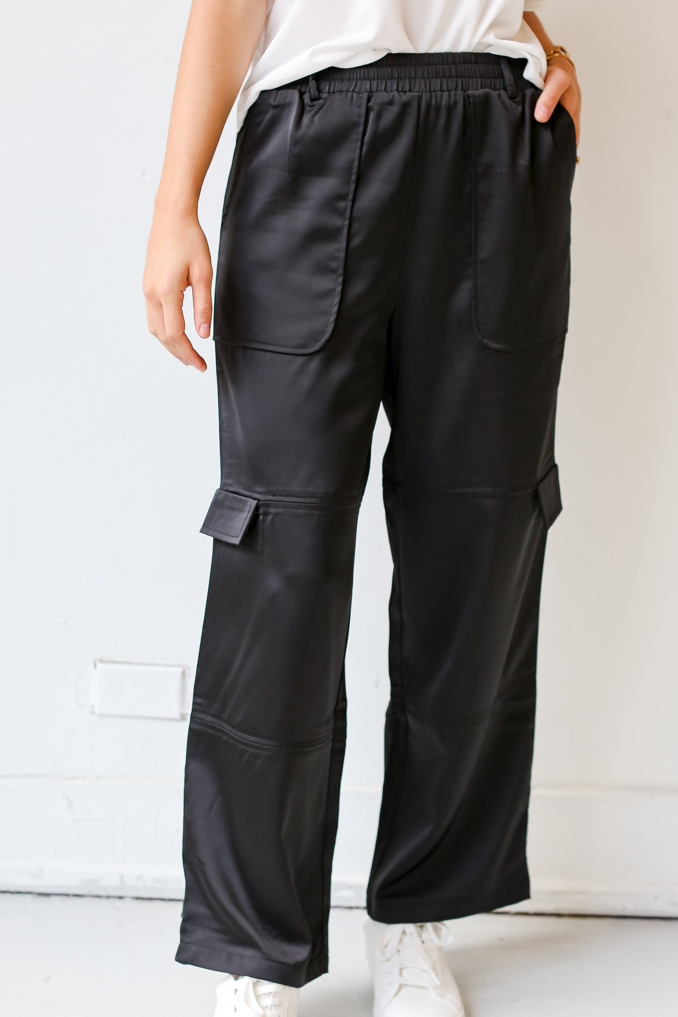 Black Satin Cargo Pants front view