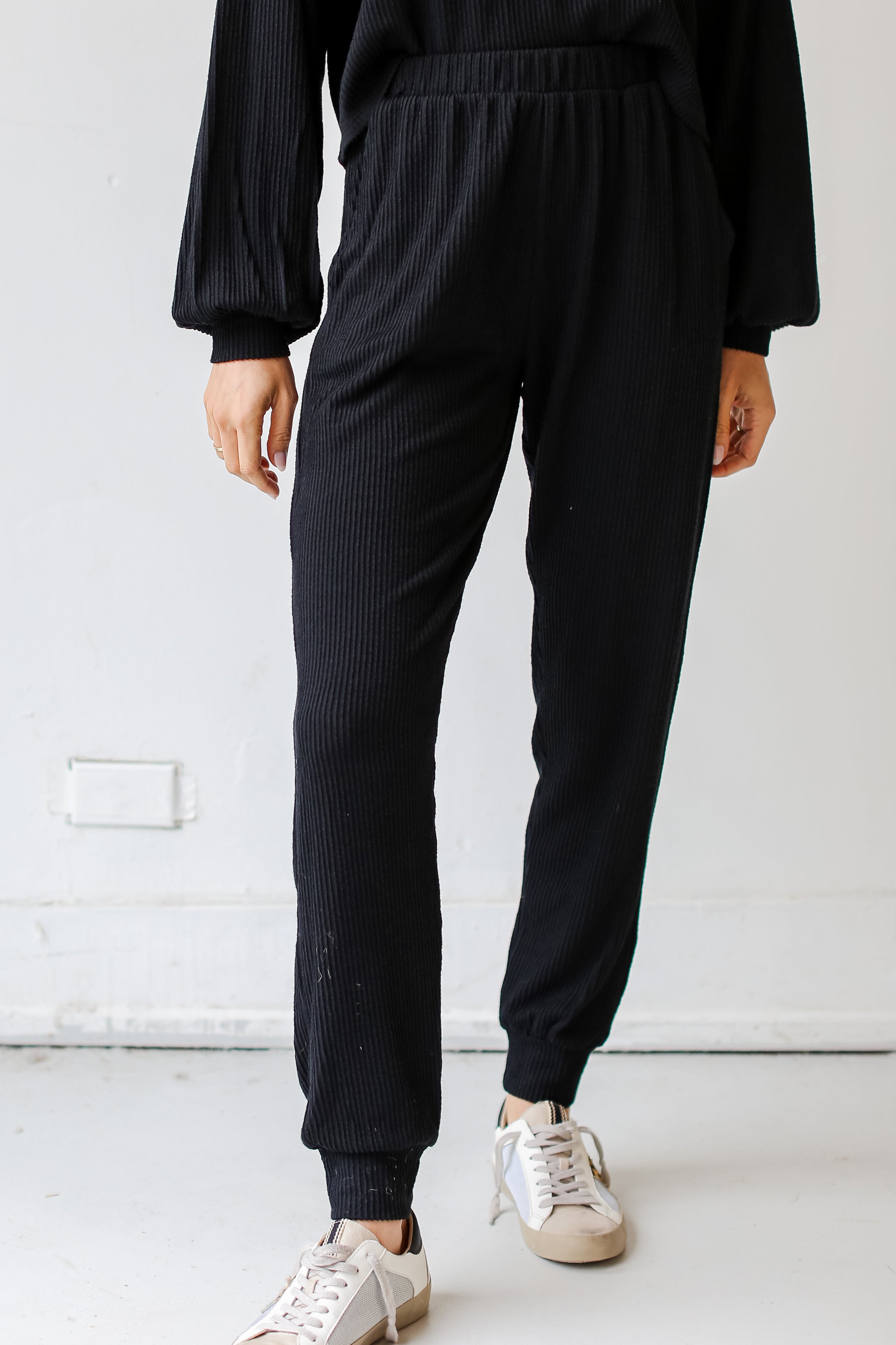 black Corded Joggers on dress up model