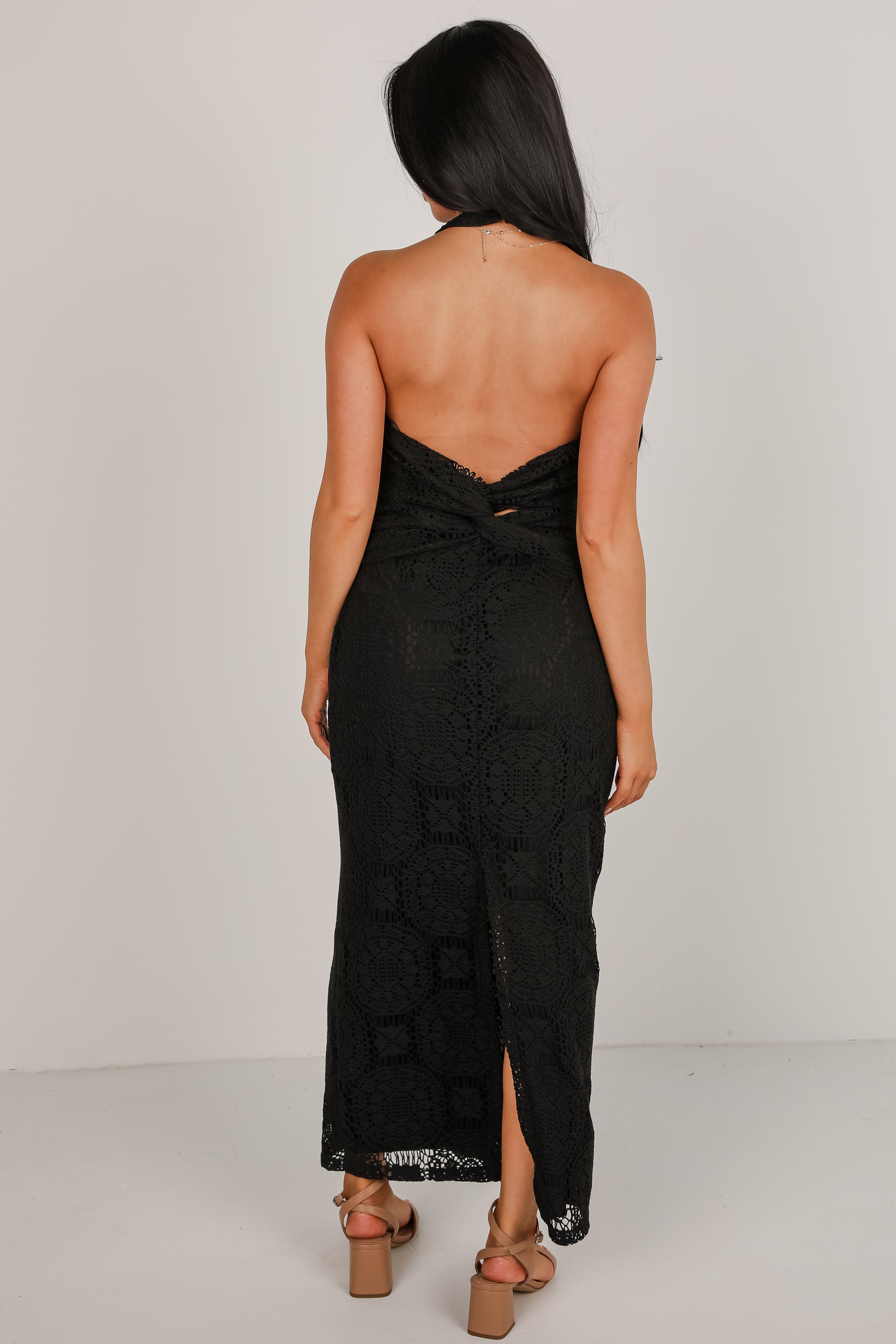 Off To The Coast Black Crochet Halter Maxi Dress