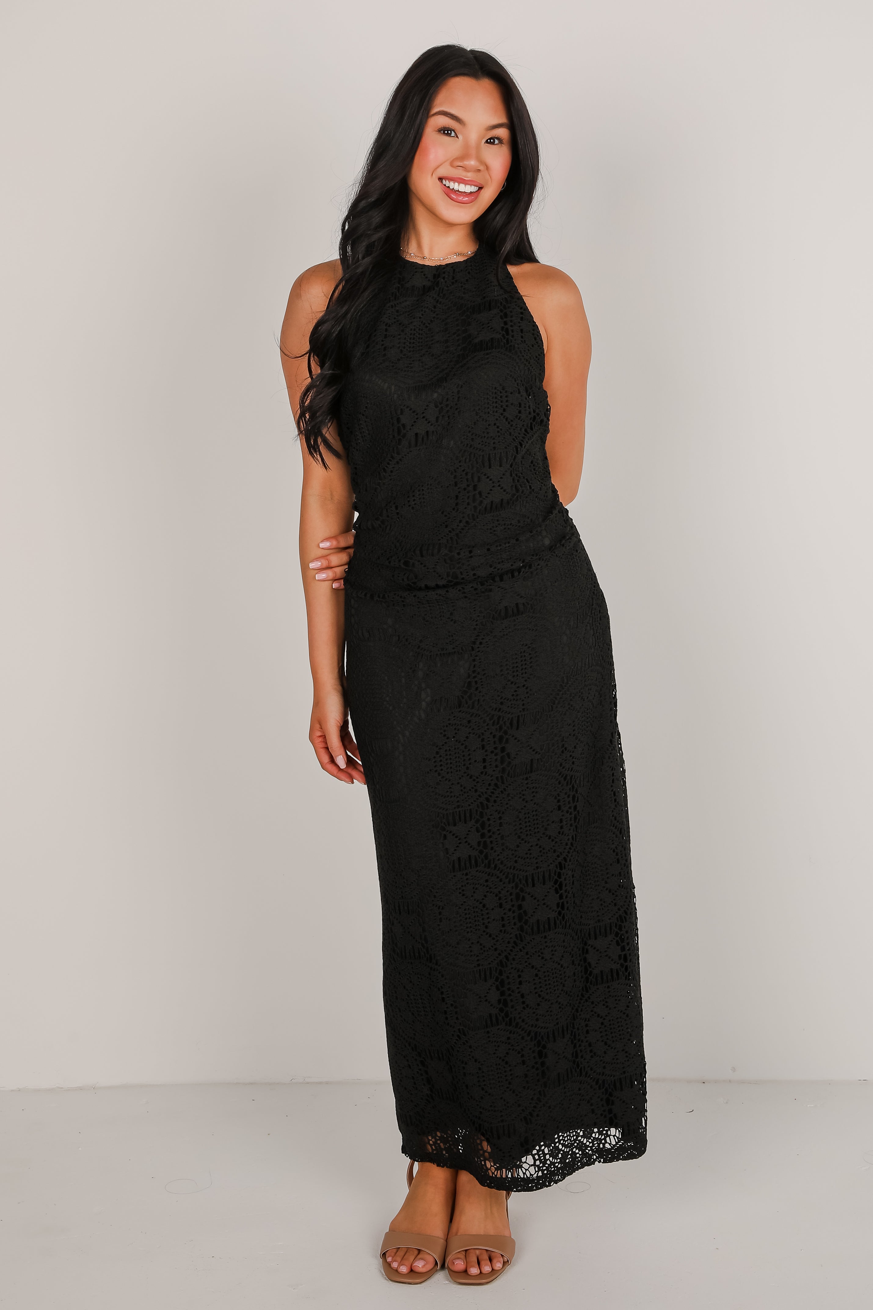Off To The Coast Black Crochet Halter Maxi Dress