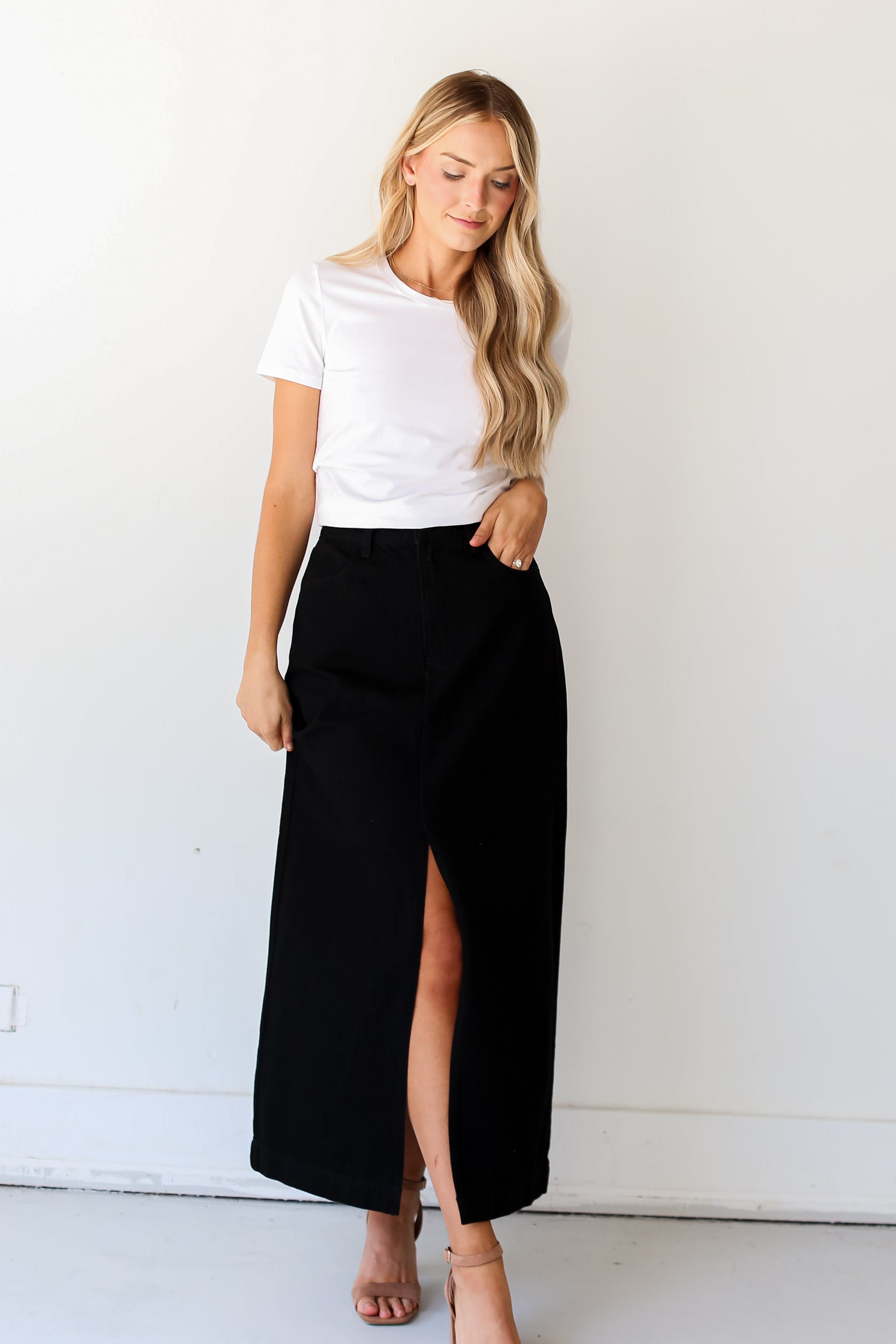 Black Denim Maxi Skirt front view