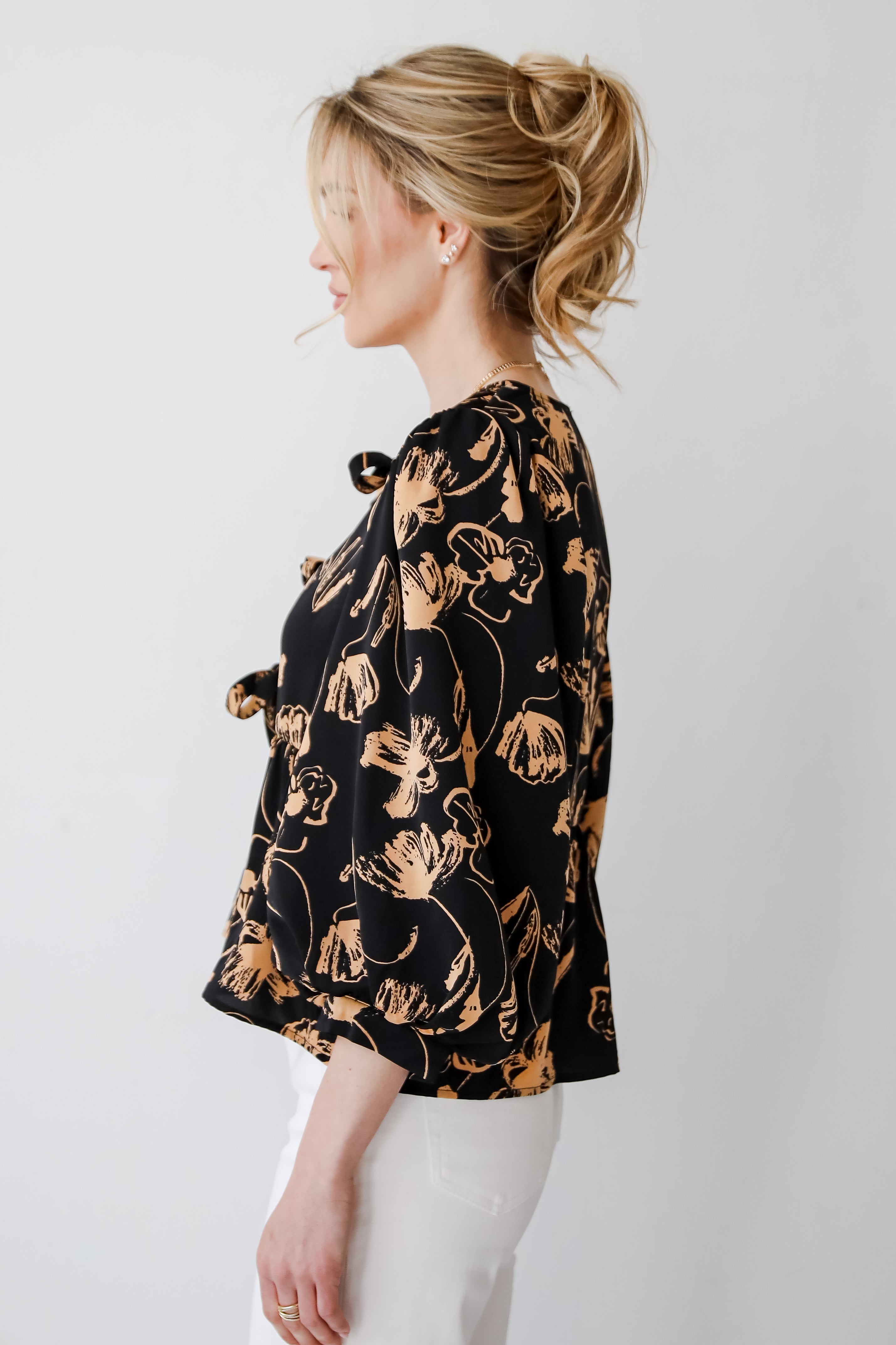 Alluring Invite Black Floral Bow Blouse