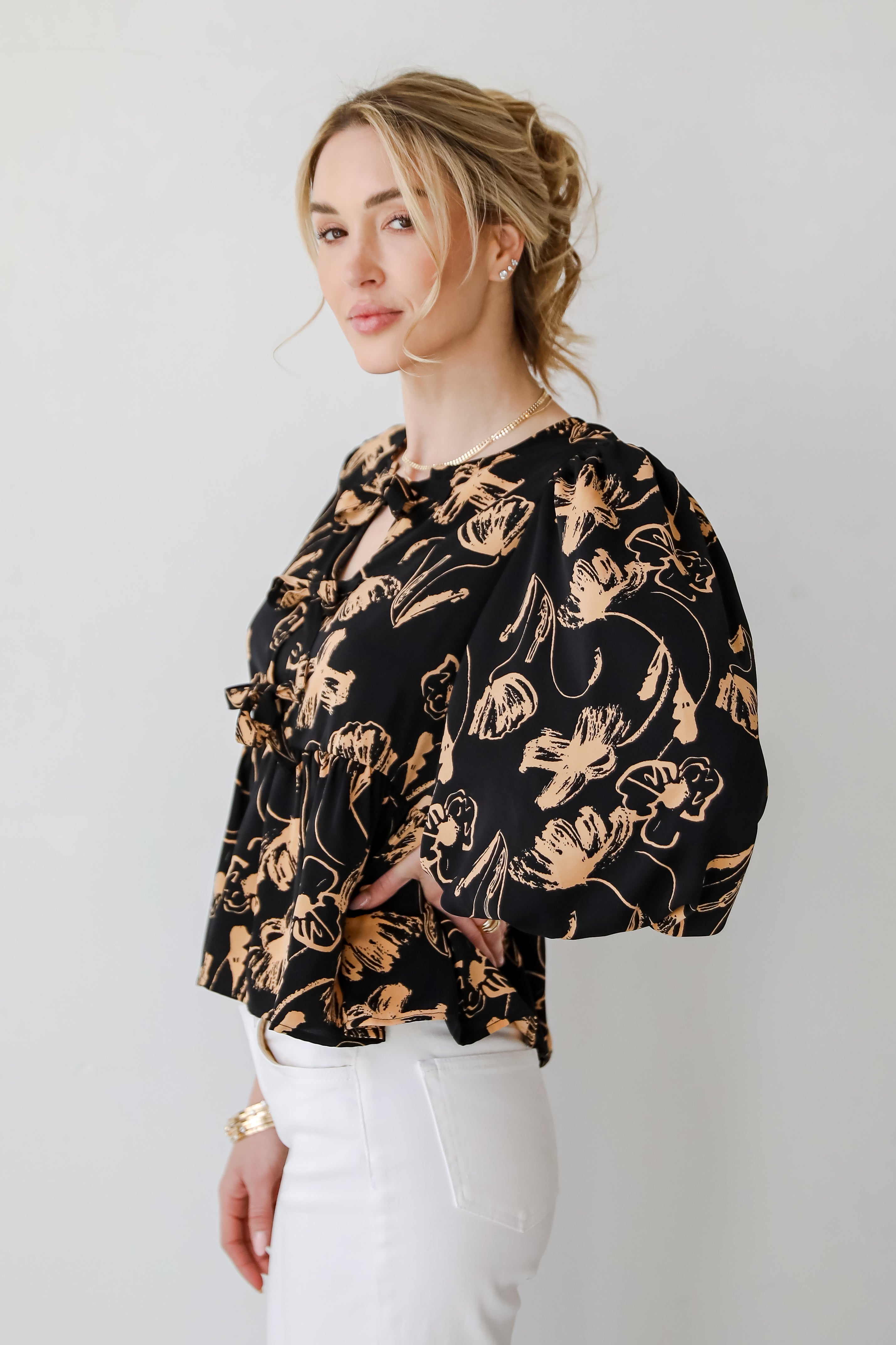 Alluring Invite Black Floral Bow Blouse