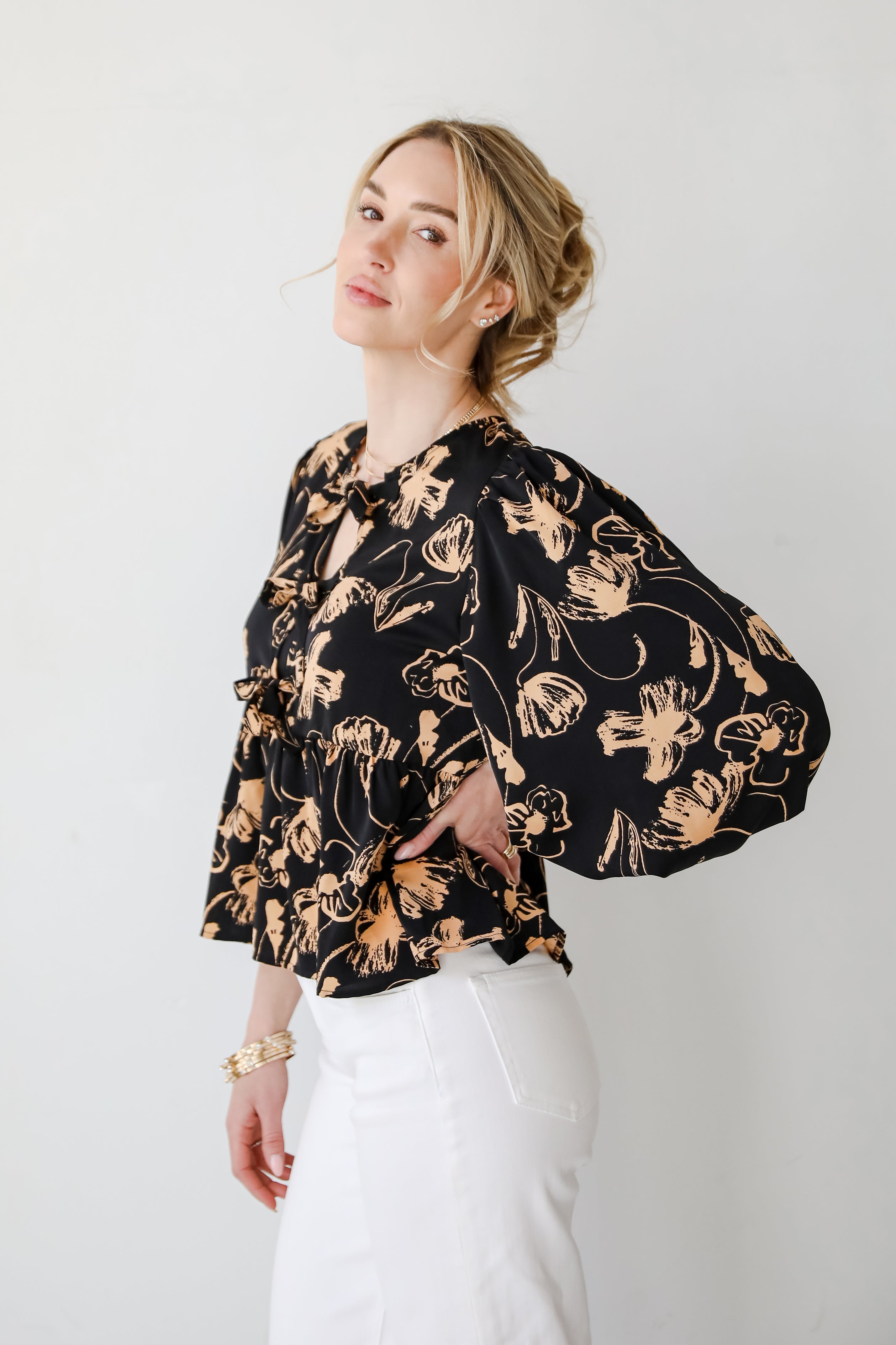 Alluring Invite Black Floral Bow Blouse