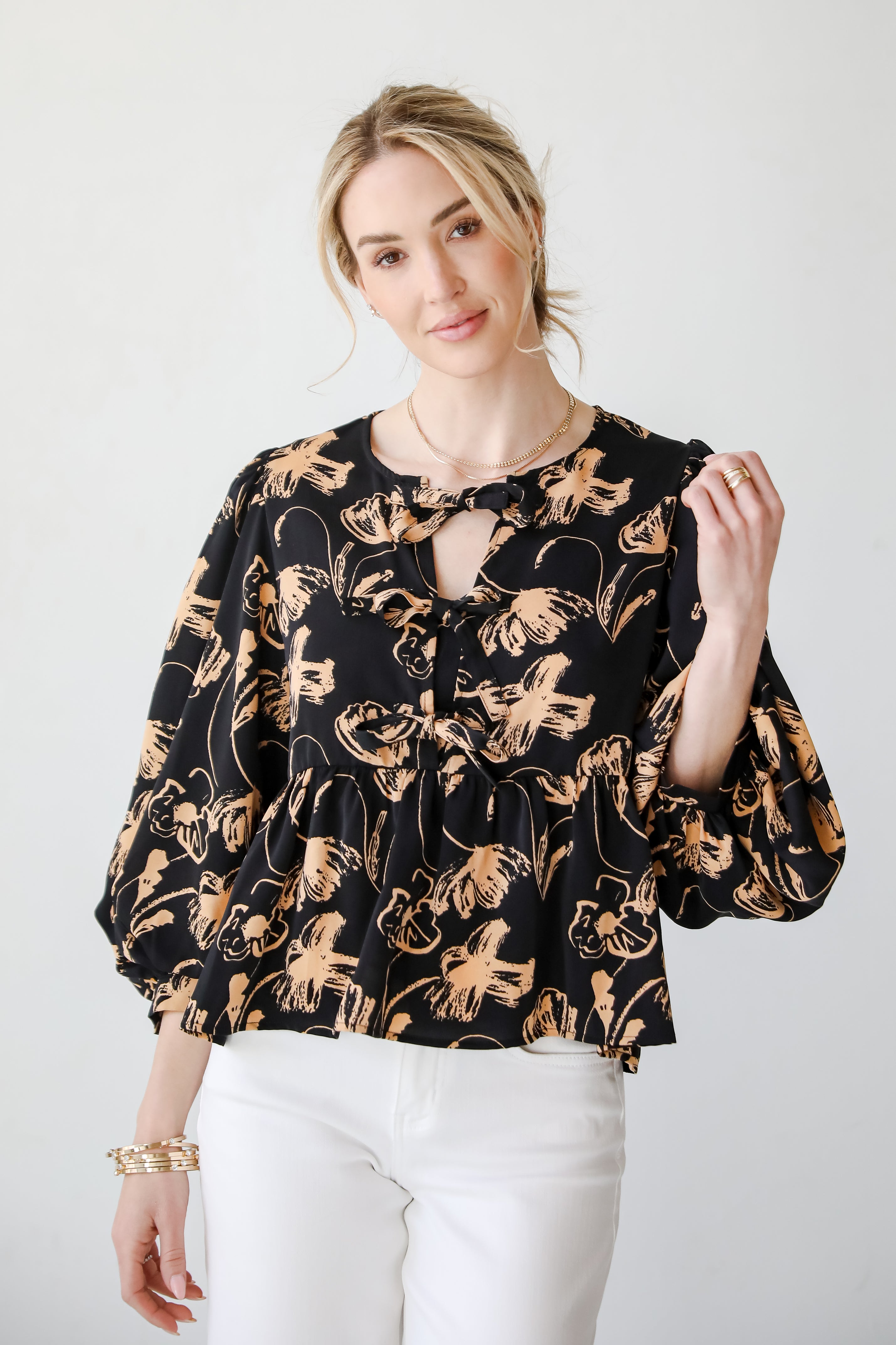 Alluring Invite Black Floral Bow Blouse