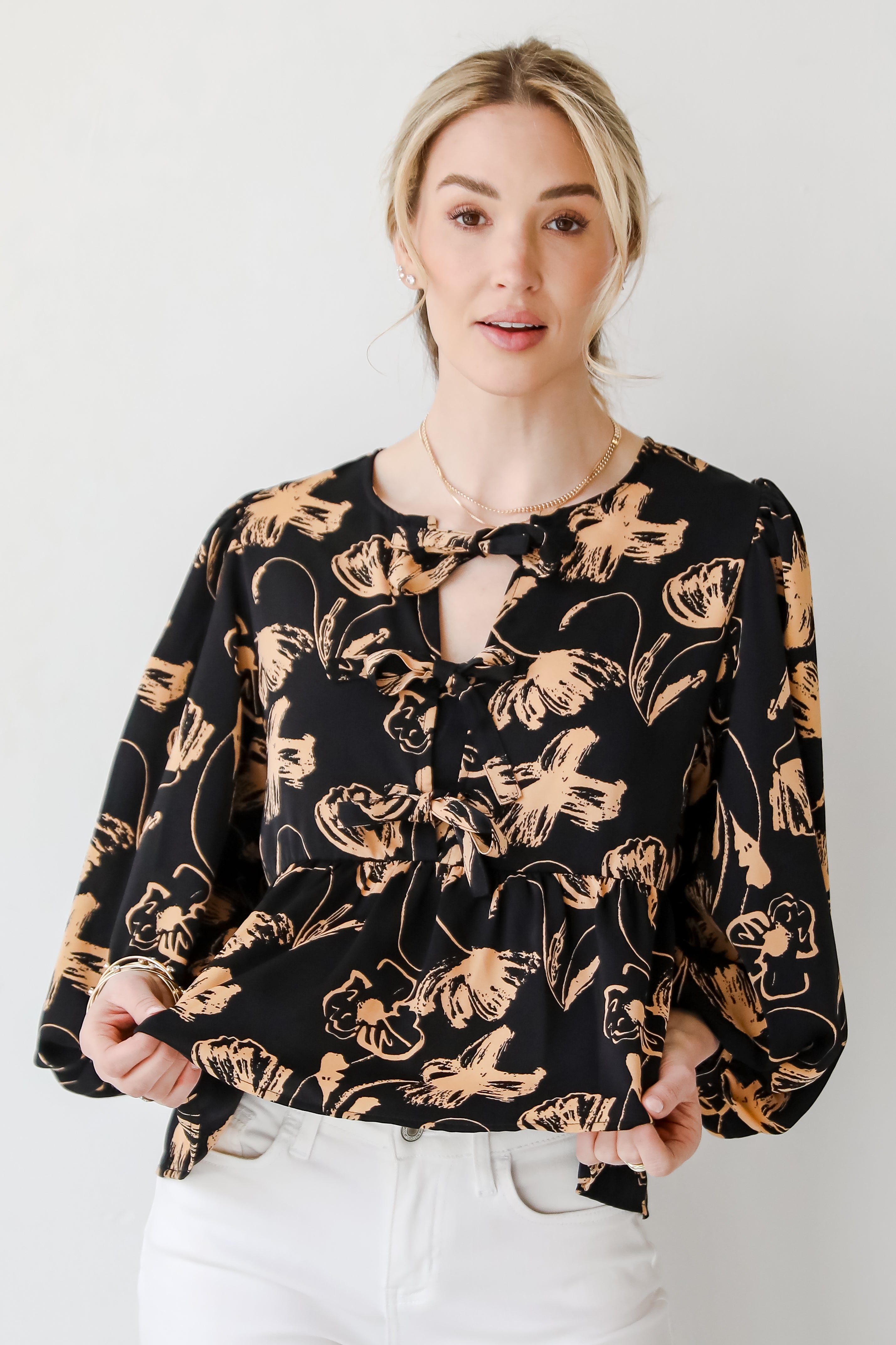Alluring Invite Black Floral Bow Blouse