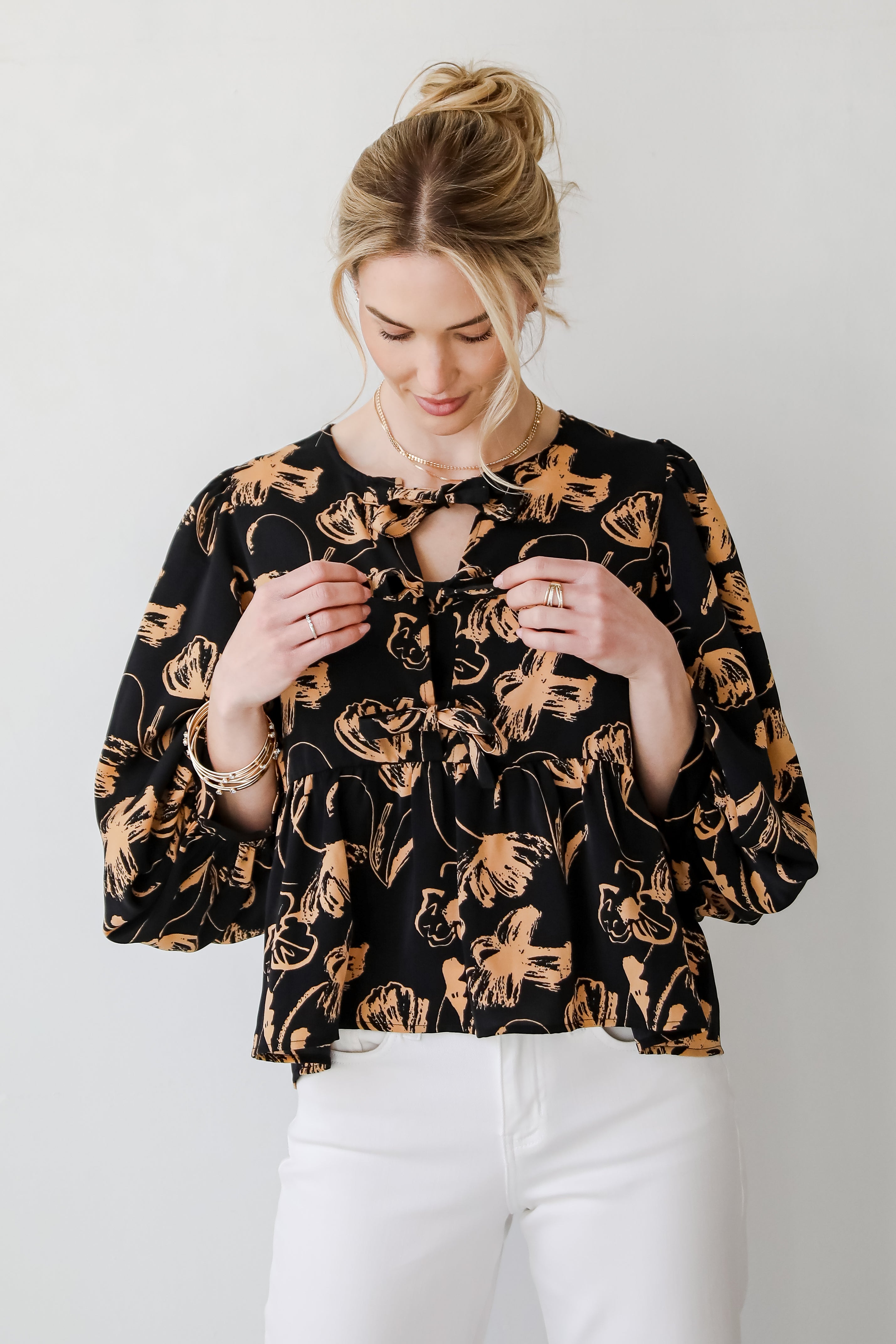 Alluring Invite Black Floral Bow Blouse