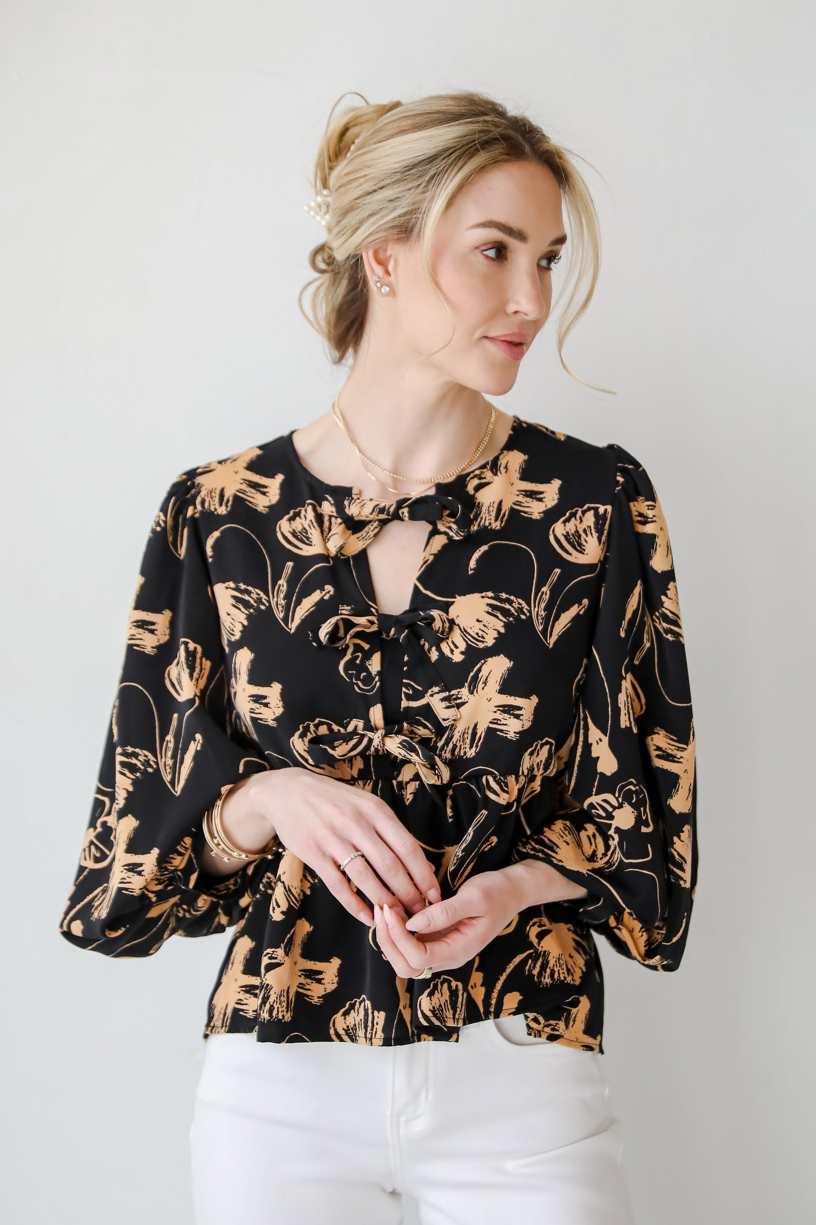 Alluring Invite Black Floral Bow Blouse
