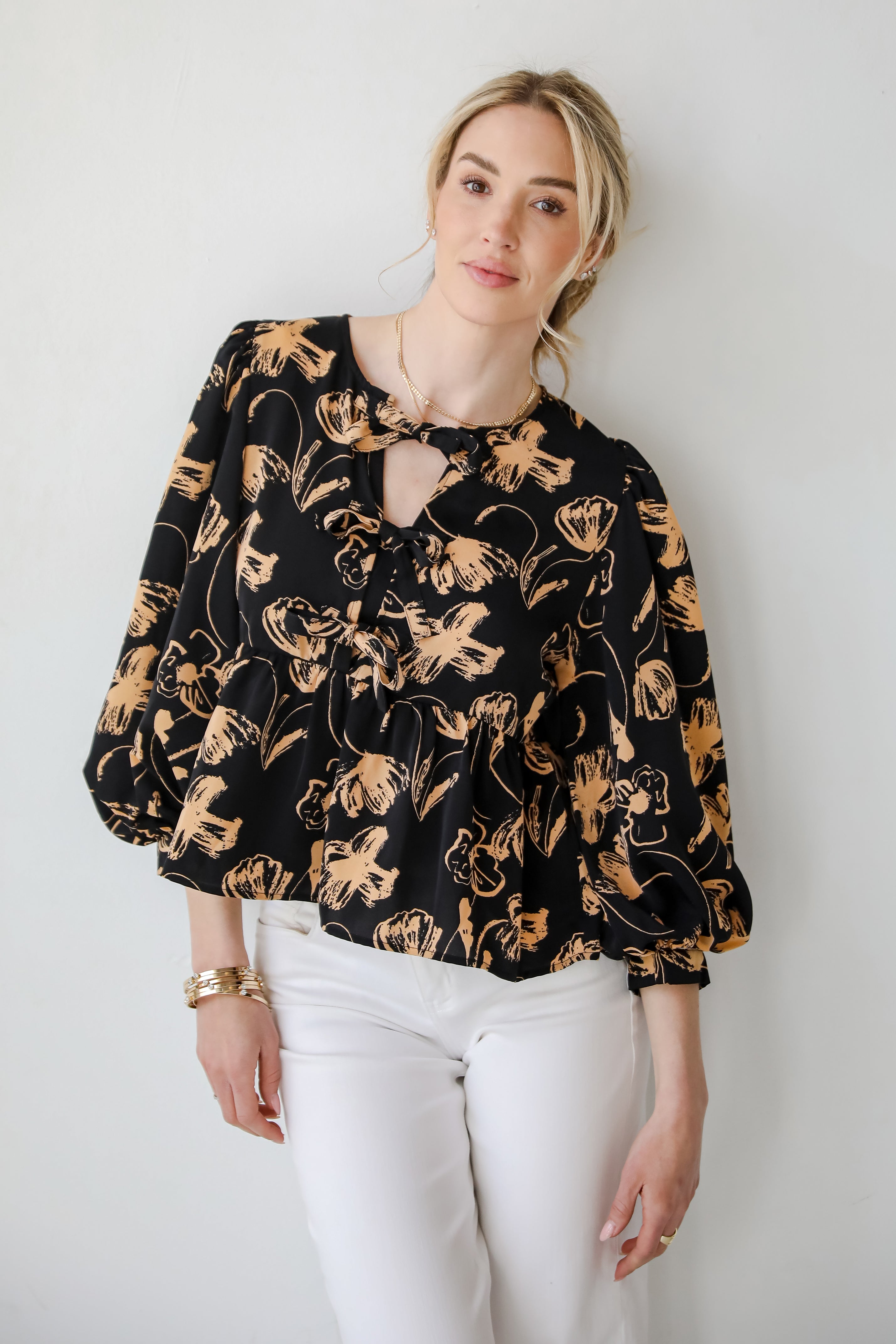 Alluring Invite Black Floral Bow Blouse