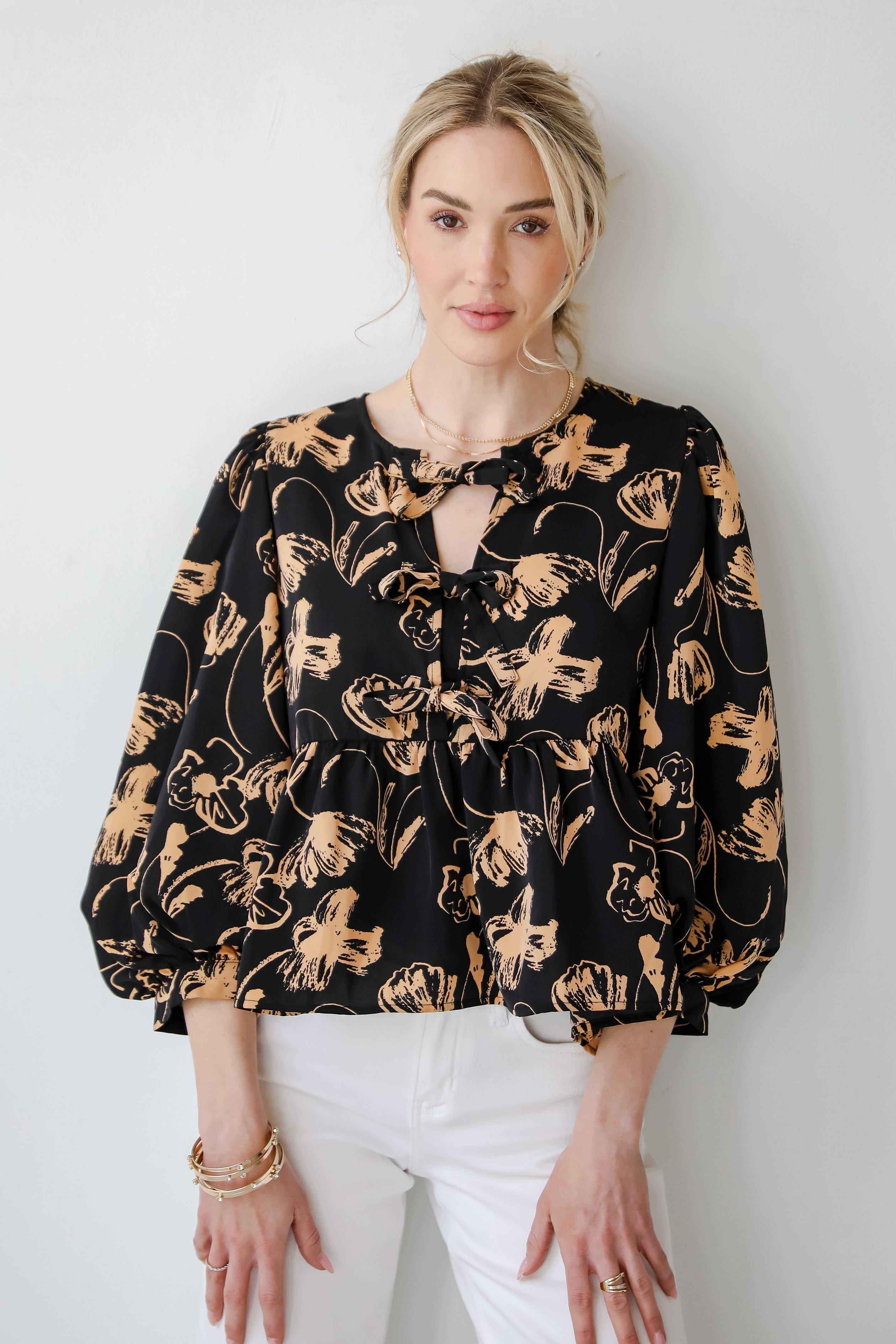 Alluring Invite Black Floral Bow Blouse
