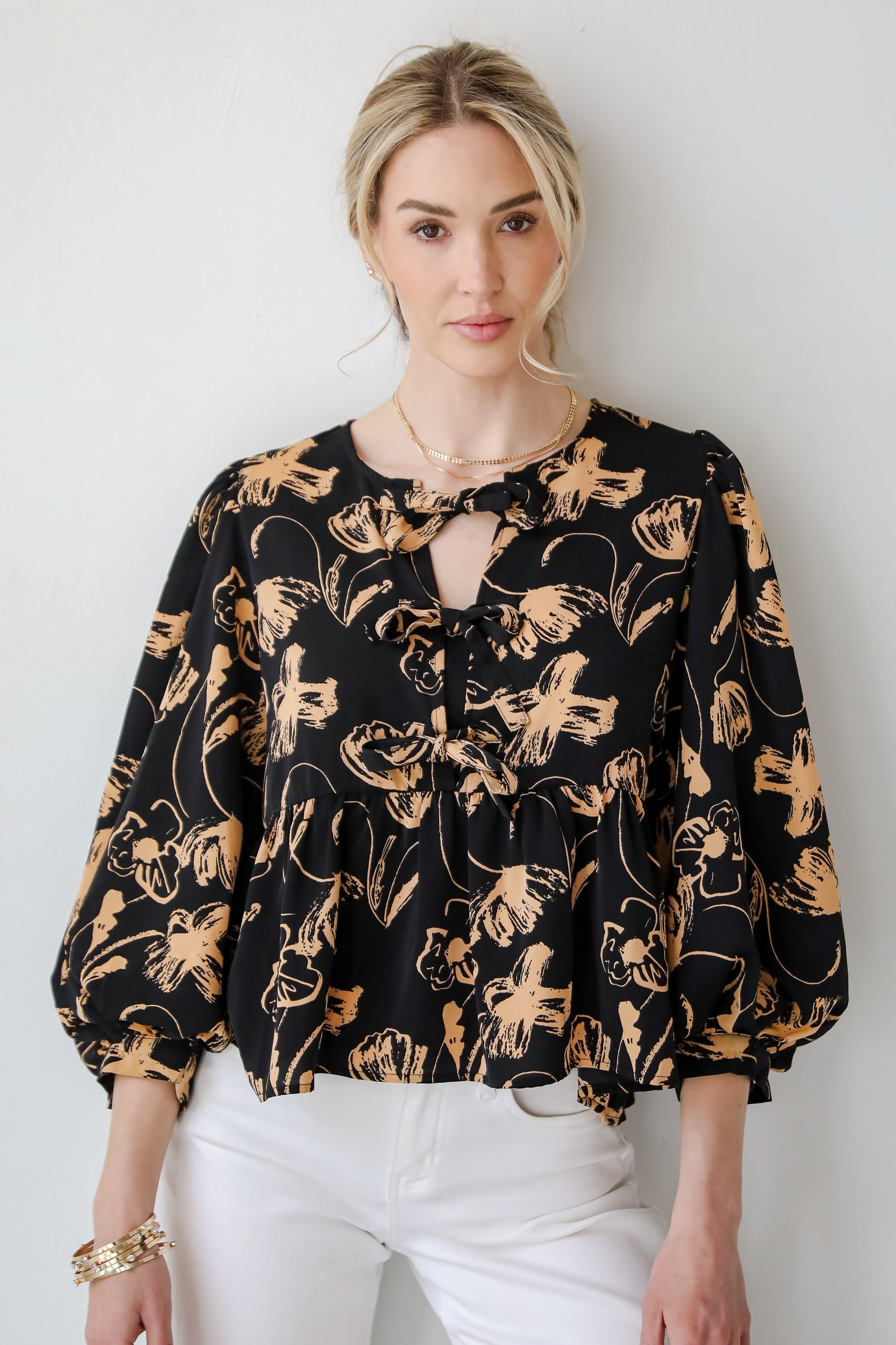 Alluring Invite Black Floral Bow Blouse