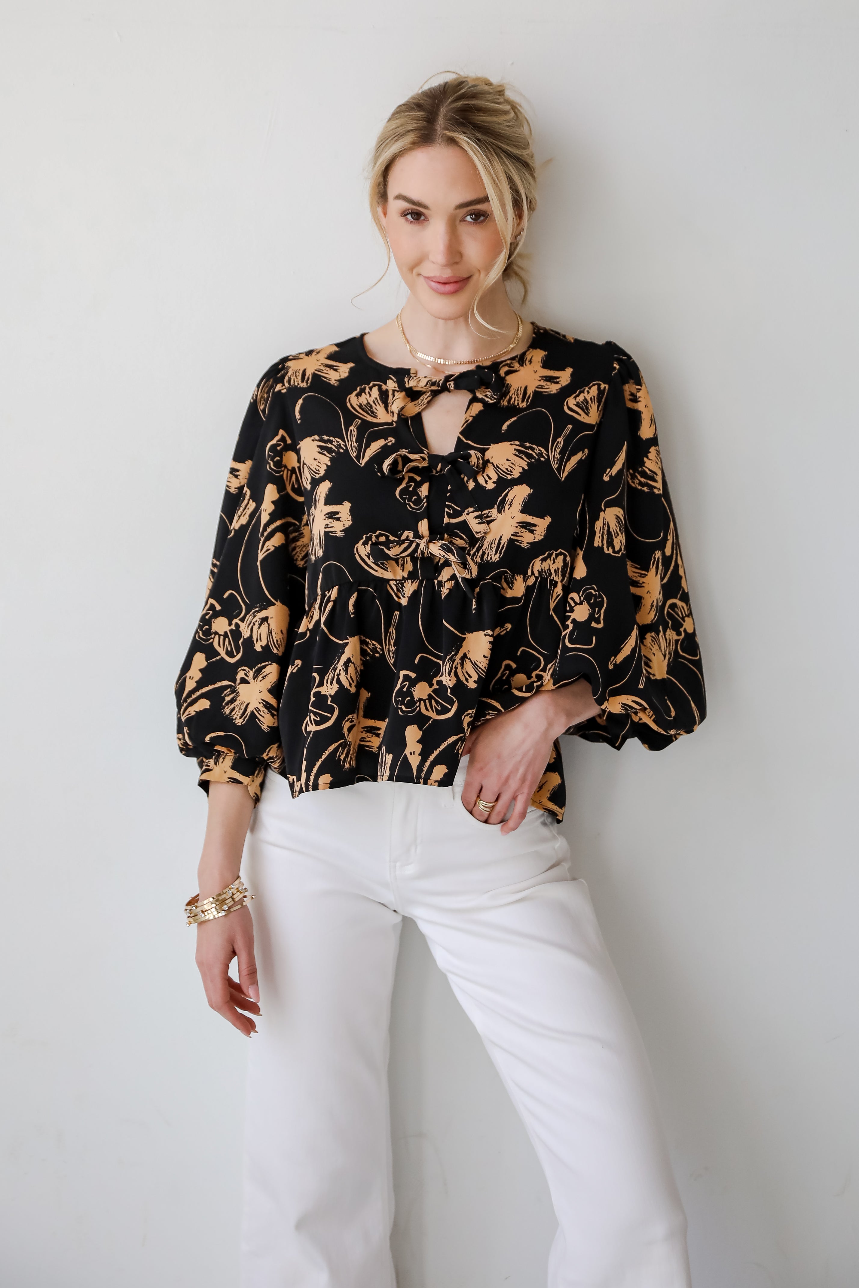 Alluring Invite Black Floral Bow Blouse