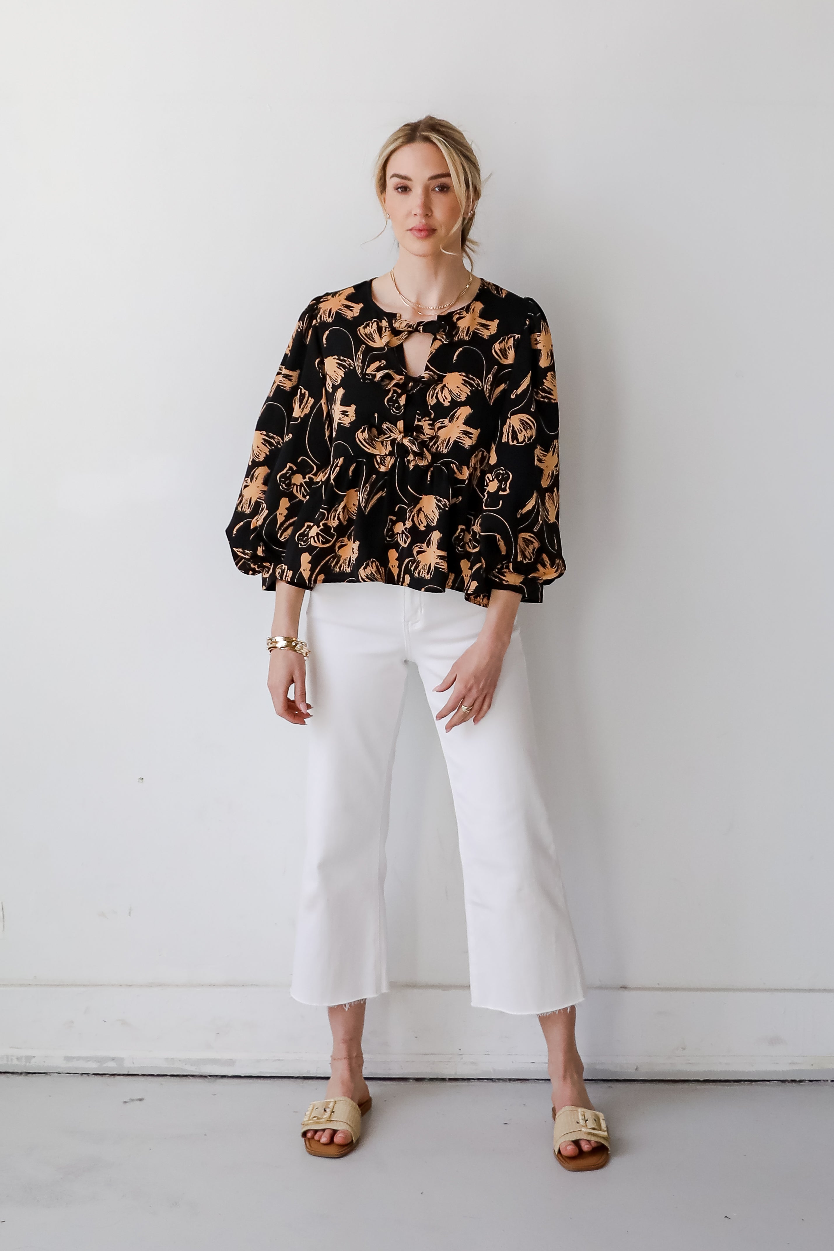 Alluring Invite Black Floral Bow Blouse