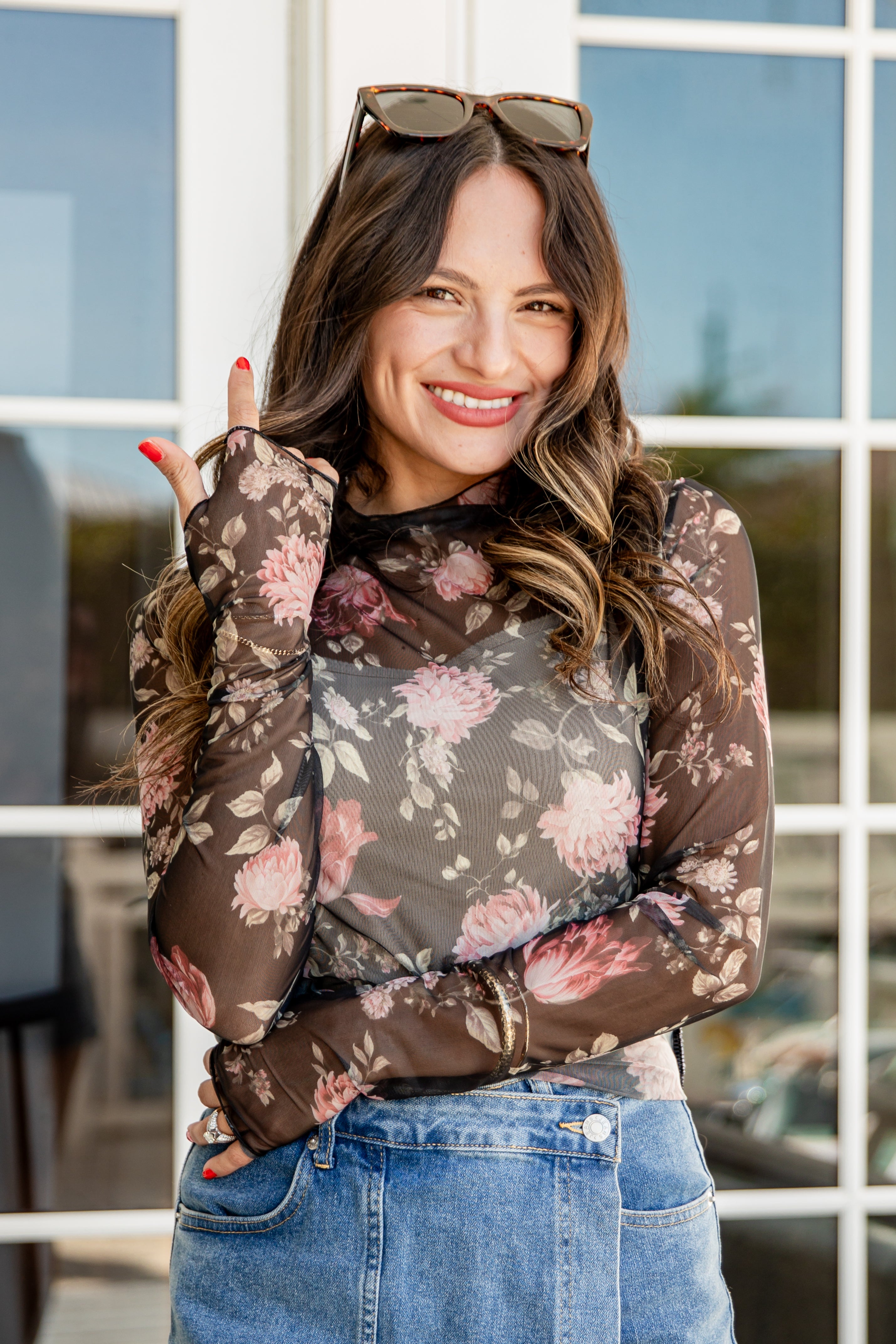 Petal Path Floral Black Mesh Top | Trendy Women's Tops