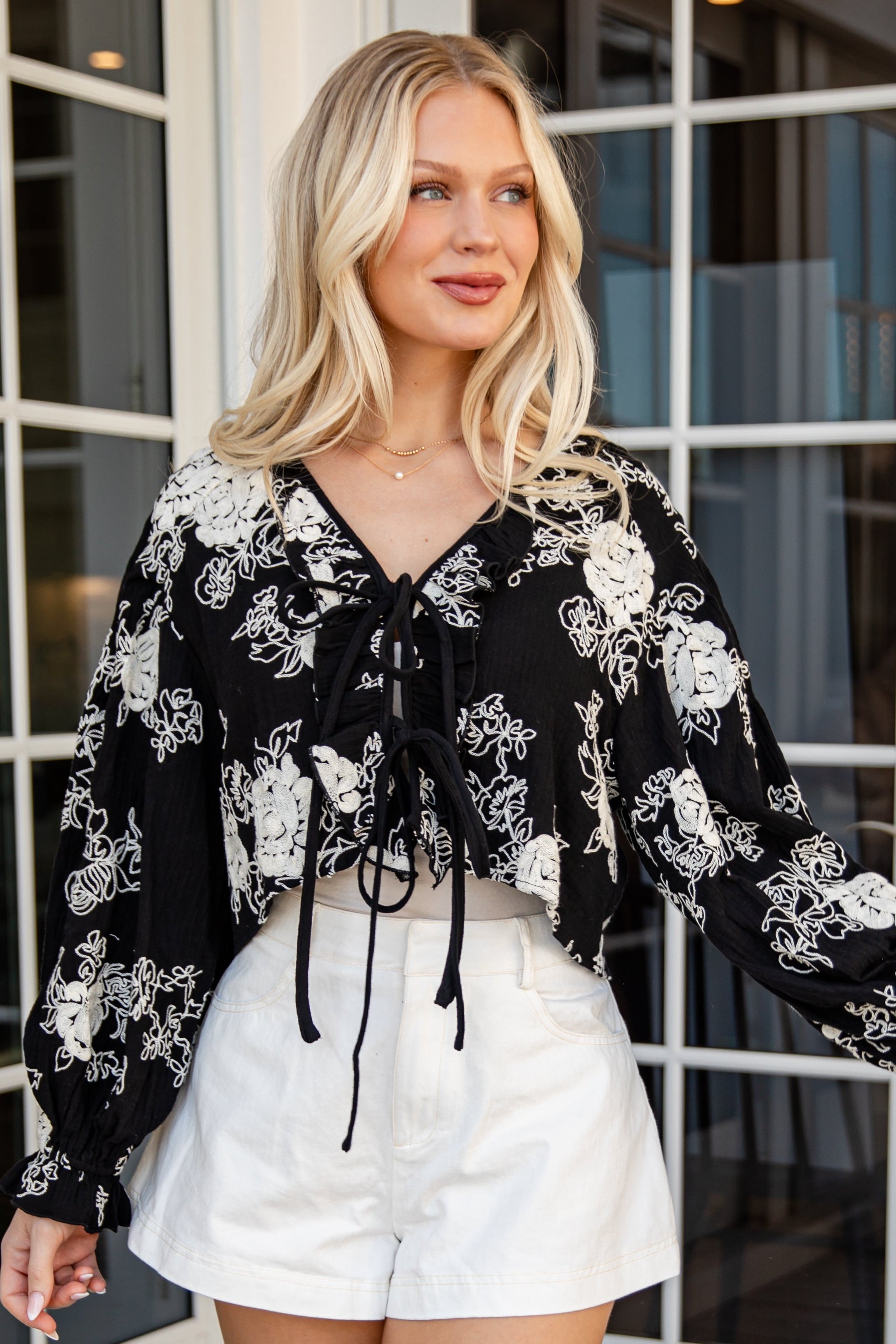 All About Floral Tie-Front Black Blouse | Trendy Women's Top